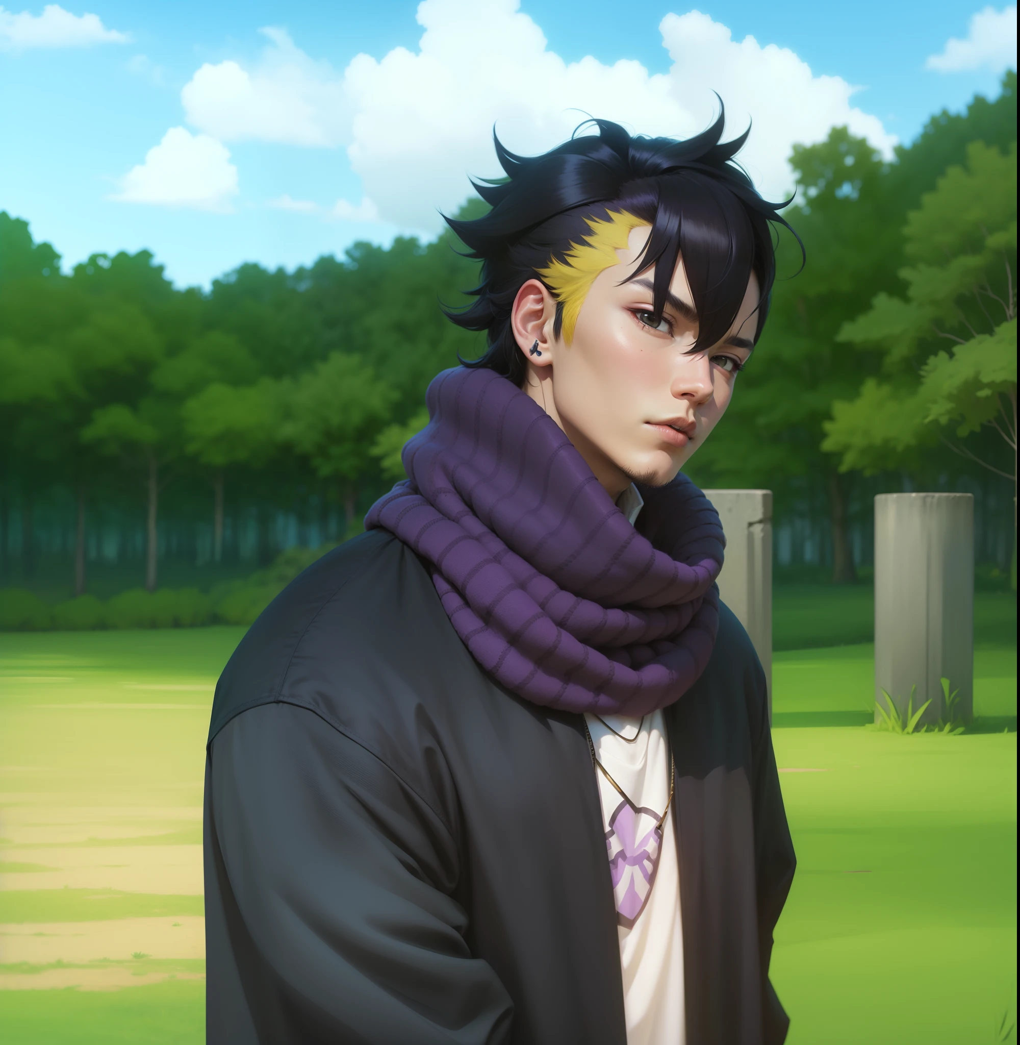 real life adaption of this character , his name is kawaki from anime boruto, wearing purple black striped scraft around his neck, his hair black hair on the middle and yellow hair on the side , wearing black coat