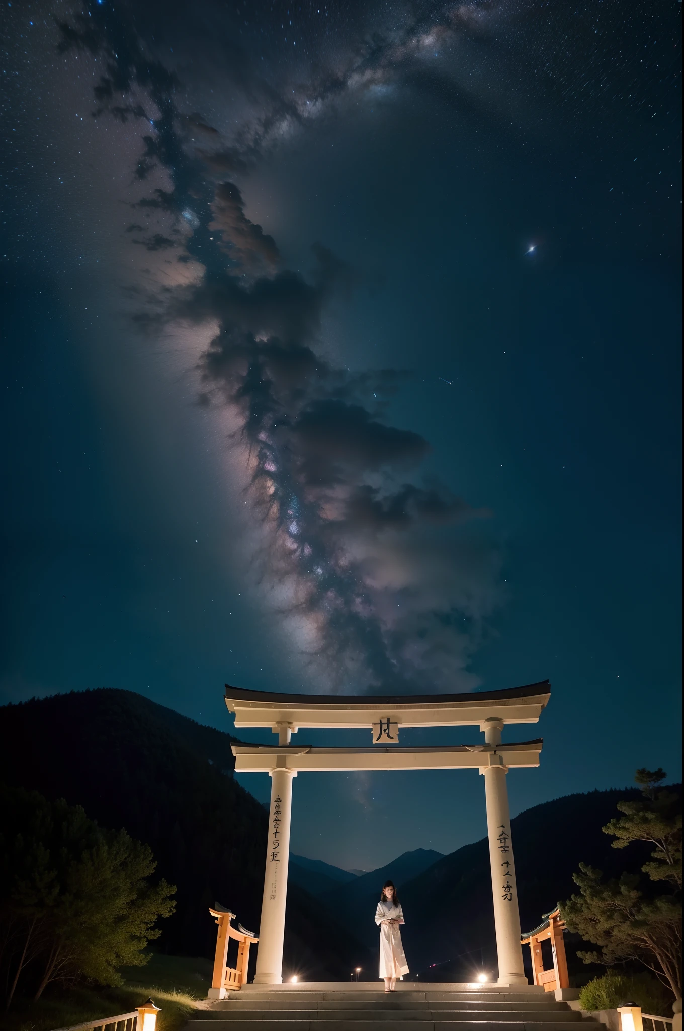 Starry sky、shooting stars、Top of the mountains、Standing Woman、Large torii gate、Mystical