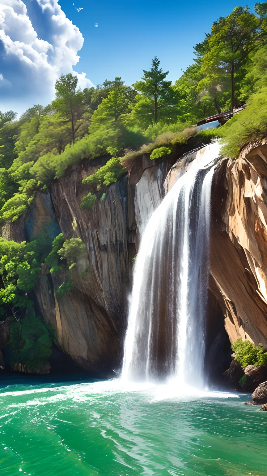 Masterpiece, ultimate quality, Cg unity 8k wallpaper, super delicate, beautiful sky and clouds, rich natural scenery, cliffs, lakes and rivers, waterfalls and flying water, beautiful green mountains, no trace of people, excellent scenery, has already won a photo contest, background Blurring, full depth of field, HDR high dynamics, true restoration, intricate, extreme details, dramatic presentation, perfectly presenting the style of midjourney art.
