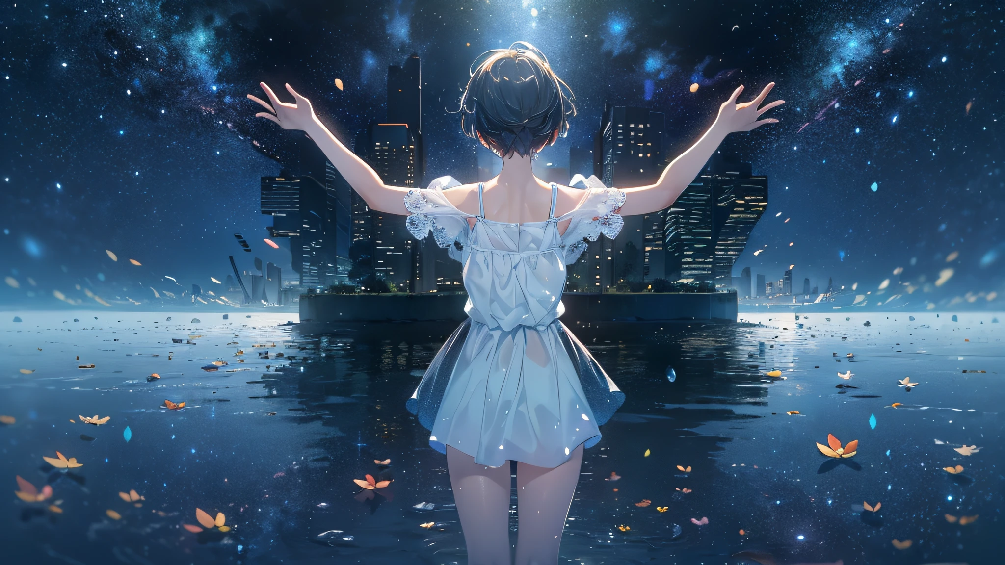 (Best quality), (masterpiece), (photorealistic), (realistic), ultra-detailed, unity 8k wallpaper, extremely detailed CG, ray tracking, sharp shadows, wonderful details, depth of field, Ultra detailed background, (background oriented, Horizon, reflection), (starry sky twinkling in the fullness of the sky):1.4, Lots of water bubbles floating around. quiet night, midnight, Dramatic lighting, wide shot, shot from the grand, back shot, from below, perfect lighting, panoramic view, dynamic shot, (1 girl, green short hair, white Slip Dress, standing):0.8, standing water's surface, Full body, distant view, face not visible, looking far away, nature spreading out, no civilization in sight, no buildings,