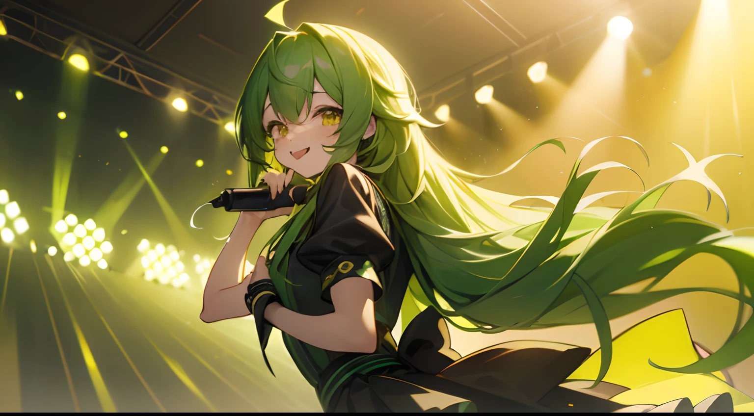 "(((YOASOBI IDOL THUMBNAIL))),女の子1人,The long-haired,Hair color between green and black,yellow eyes,green clothing,tongue-out,a smile,One Ahoge,bustup,Stage lights are shining from behind"