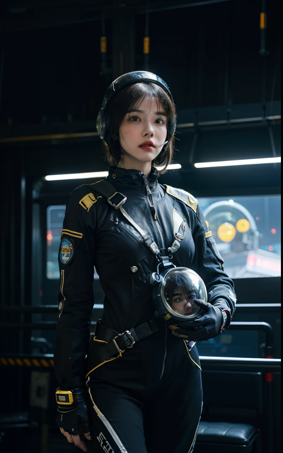 Highest image quality, outstanding details, ultra-high resolution, (realism: 1.4), ((cowboy shot)), the best illustration, favor details, highly condensed 1girl, (cyberpunk, cyborg), a delicate and beautiful face, (short hair), (wearing baggy spacesuit with ring-helmet-disconnecter, attached black and gray mecha, yellow pipes and codes, flanges on spacesuit), (cyberpunk gasmask), (mark radioactivity-hazard-symbol), ((revealed only head)), ((sorrow)), nobody rocket-launcher platform