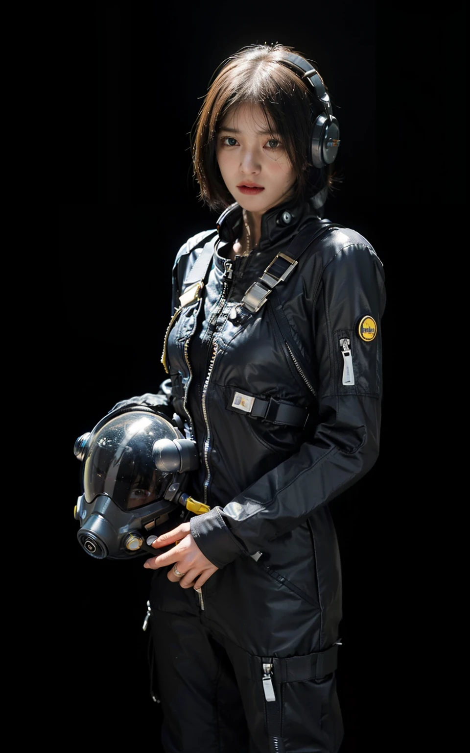 Highest image quality, outstanding details, ultra-high resolution, (realism: 1.4), ((cowboy shot)), the best illustration, favor details, highly condensed 1girl, (cyberpunk, cyborg), a delicate and beautiful face, (short hair), (wearing baggy spacesuit with ring-helmet-disconnecter, attached black and gray mecha, yellow pipes and codes, flanges on spacesuit), (cyberpunk gasmask), (mark radioactivity-hazard-symbol), ((revealed only head)), ((sorrow)), nobody rocket-launcher platform