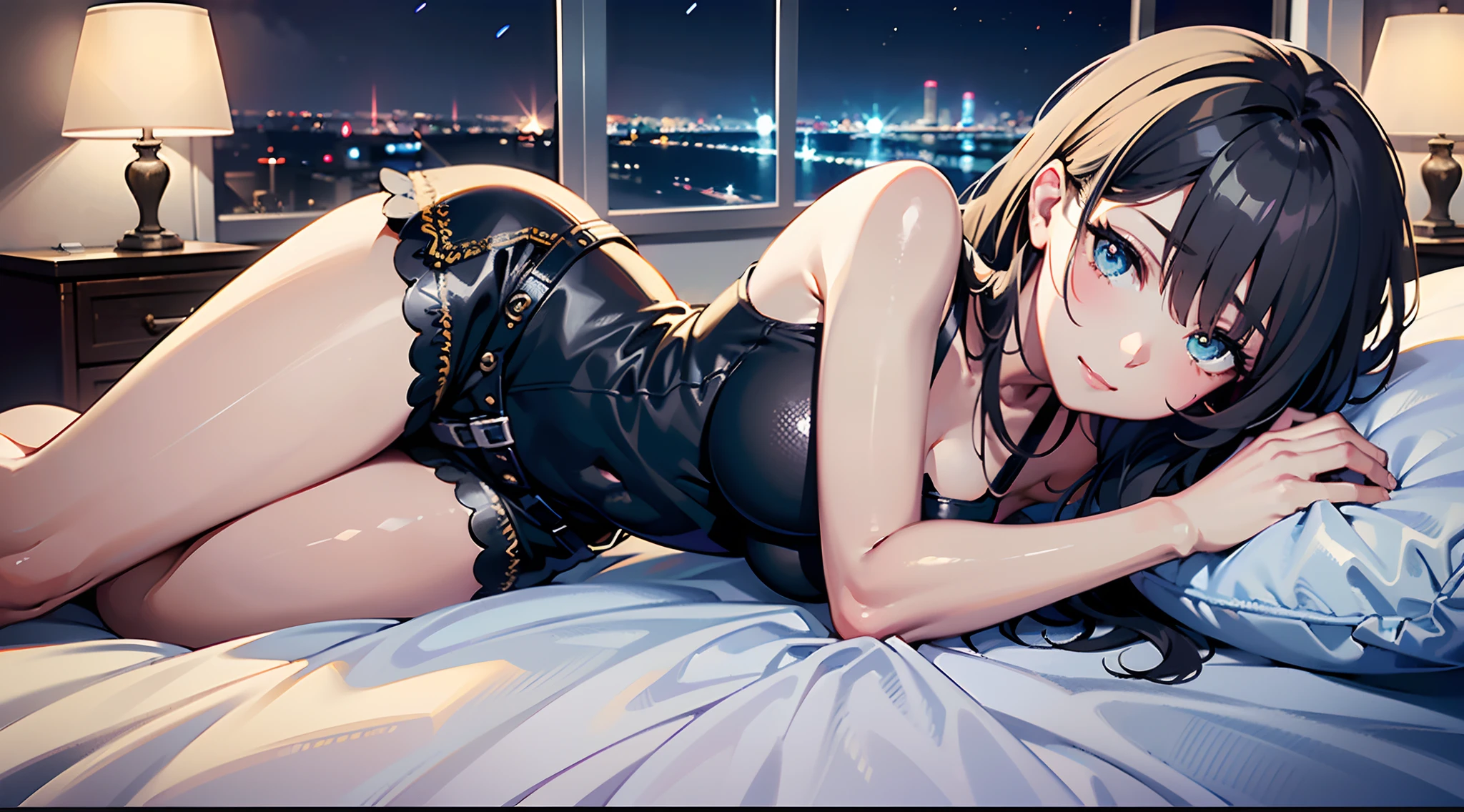 (Masterpiece, top quality, super detailed CG, ultra detailed beautiful face and eyes,super detailed, intricate details:1.2), 8k wallpapers, elaborate features,
(1 person, solo:1.4)perfect cartoon illustration,(1 person, solo:1.4) 1 girl, (black tank top: 1.4), (black shorts: 1.3), love hotel, big bed, lying on bed, night, window, clean night view, full body illustration