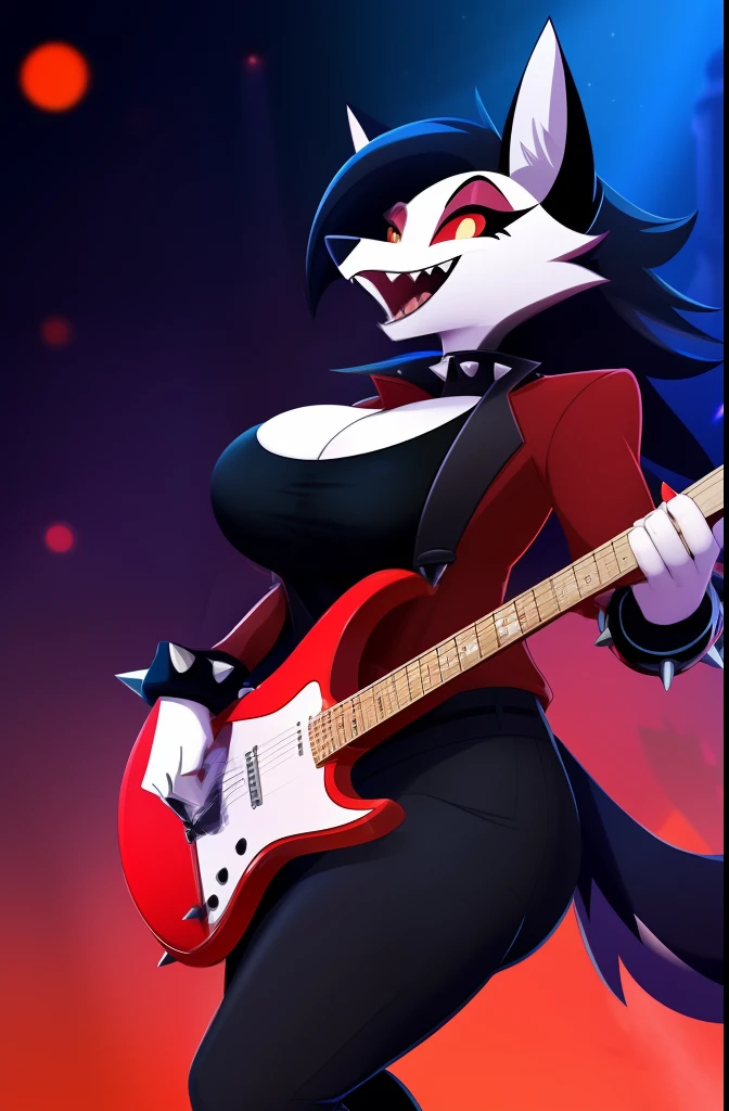 best quality, solo, 1 girl, wolf face, Eyelashes in the eyes, (visible white iris), (scarlet sclera), much long fluffy hellhound tail, (Hellhound), expression excited, open the mouth for sing, wolf female, furry female, (long black and red gradient hair), wearing (red short sleeved jacket and black t-shirt top) and (black pants) and (rocker boots and spikes bracelets) (curved wolf legs), anthropomorphic, bigger breasts and bigger butt, in top of a music event, (best detailed), headphones cover ears, (playing a music on eletric guitar), (demons watching on the show). ((Helluva boss)).