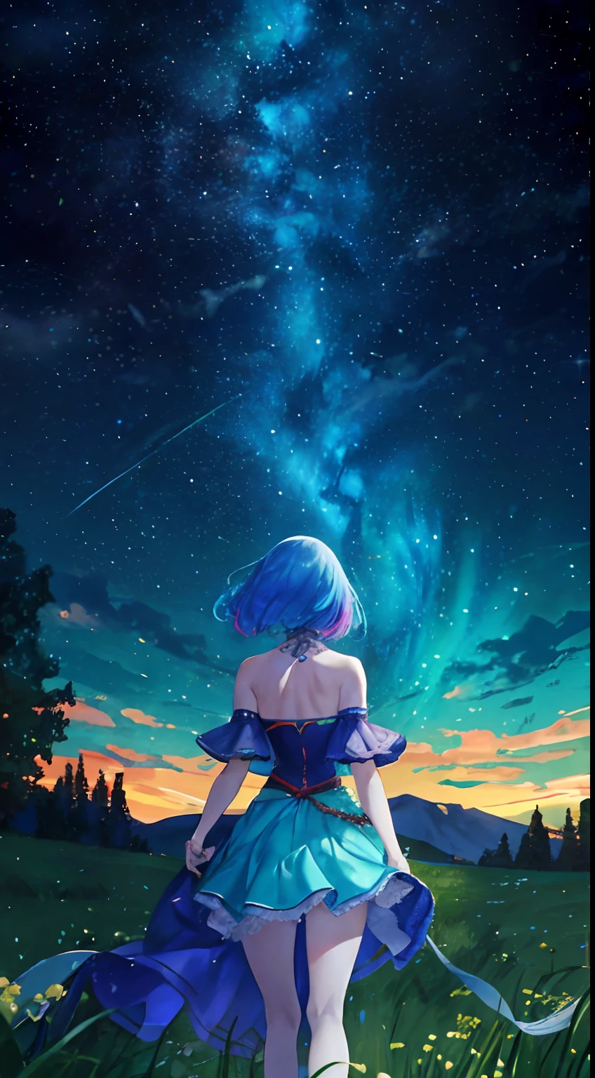 SFV,(masutepiece:1,2), Best Quality, masutepiece, hight resolution, Original, highly detailed wallpaper, Perfect Lighting,(extremely details CG:1.2), best qualtiy, tmasterpiece, Original, highly detailed wallpaper,tmasterpiece, best qualtiy, hight resolution,1girll,Distant Girl,adult lady,rainbow-colored hair,Beautiful back,Beautiful butt,beauty legs,Exposed shoulders,Nokezoru,Turn your back to the camera,Wearing turquoise dress armor,Clothes swaying in the wind,Gaze at the stars,(zoomout:1.1),(meteor shower:1.2),(comets:1.1),low angles,from the rear,Aurora Borealis,meteors,standing in a field,best qualtiy,tmasterpiece,Muffled smoke,Colorful,As estrelas,Face to camera,(Beautiful white skin:1.2),The light comes down from the top right corner