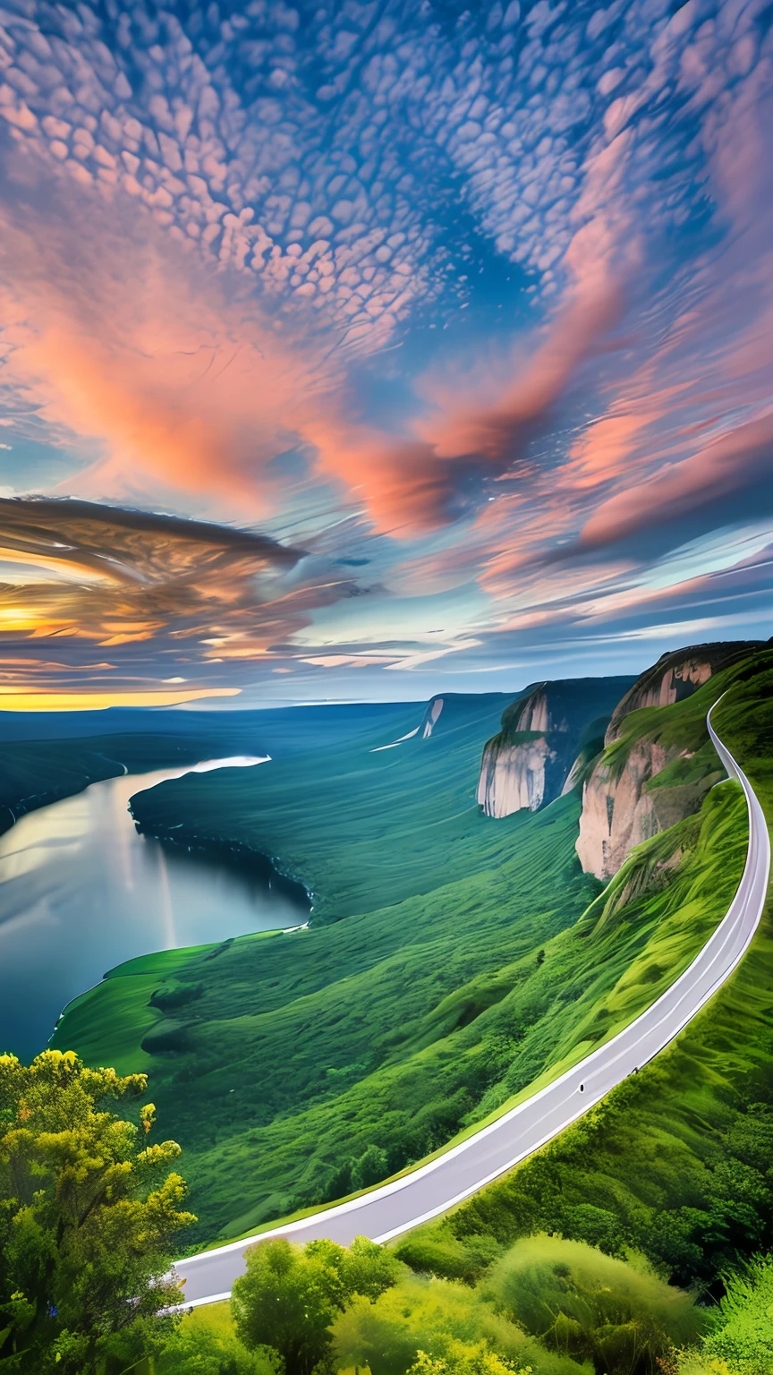 Masterpiece, ultimate quality, Cg unity 8k wallpaper, super delicate, beautiful sky and clouds, rich natural scenery, cliffs, lakes and rivers, waterfalls and flying water, beautiful green mountains, no trace of people, excellent scenery, has already won a photo contest, background Blurring, full depth of field, HDR high dynamics, true restoration, intricate, extreme details, dramatic presentation, perfectly presenting the style of midjourney art.