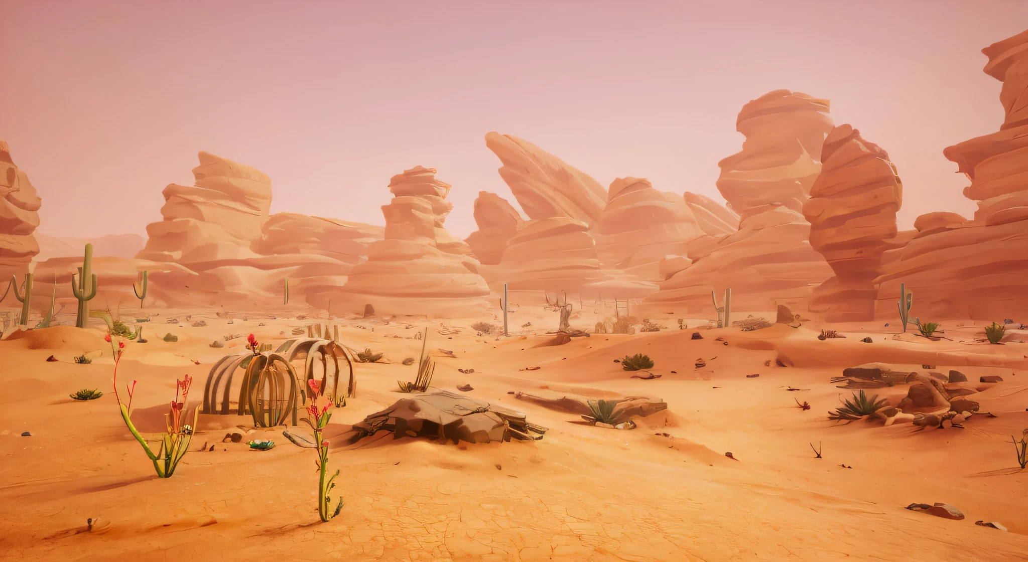 There is a desert,and the sky is blue,On the ground are animal bones, Desert environment, arid planet, sand and desert environment, Alien desert, desert wasteland, dusty unreal engine, Desert Planet, desert scenery, desert game, amazing alien landscape, Alien landscape, in a serene vast desert, In the dusty desert