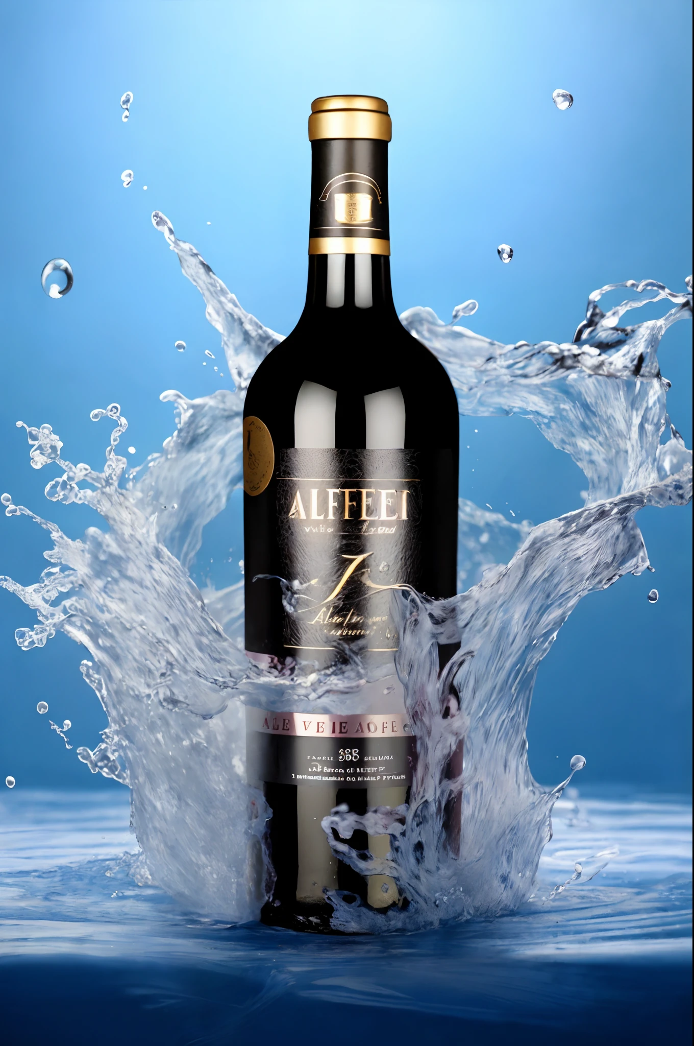 A bottle of Alafede wine with water splashed on top, Wine, commercial product photography, wine label, Very intense, an award winning masterpiece, Detailed picture, A river of wine, 3945074687, Intense, Product photography 4 K, A stunning masterpiece, portrait shooting, wining, The droplets run down the bottle