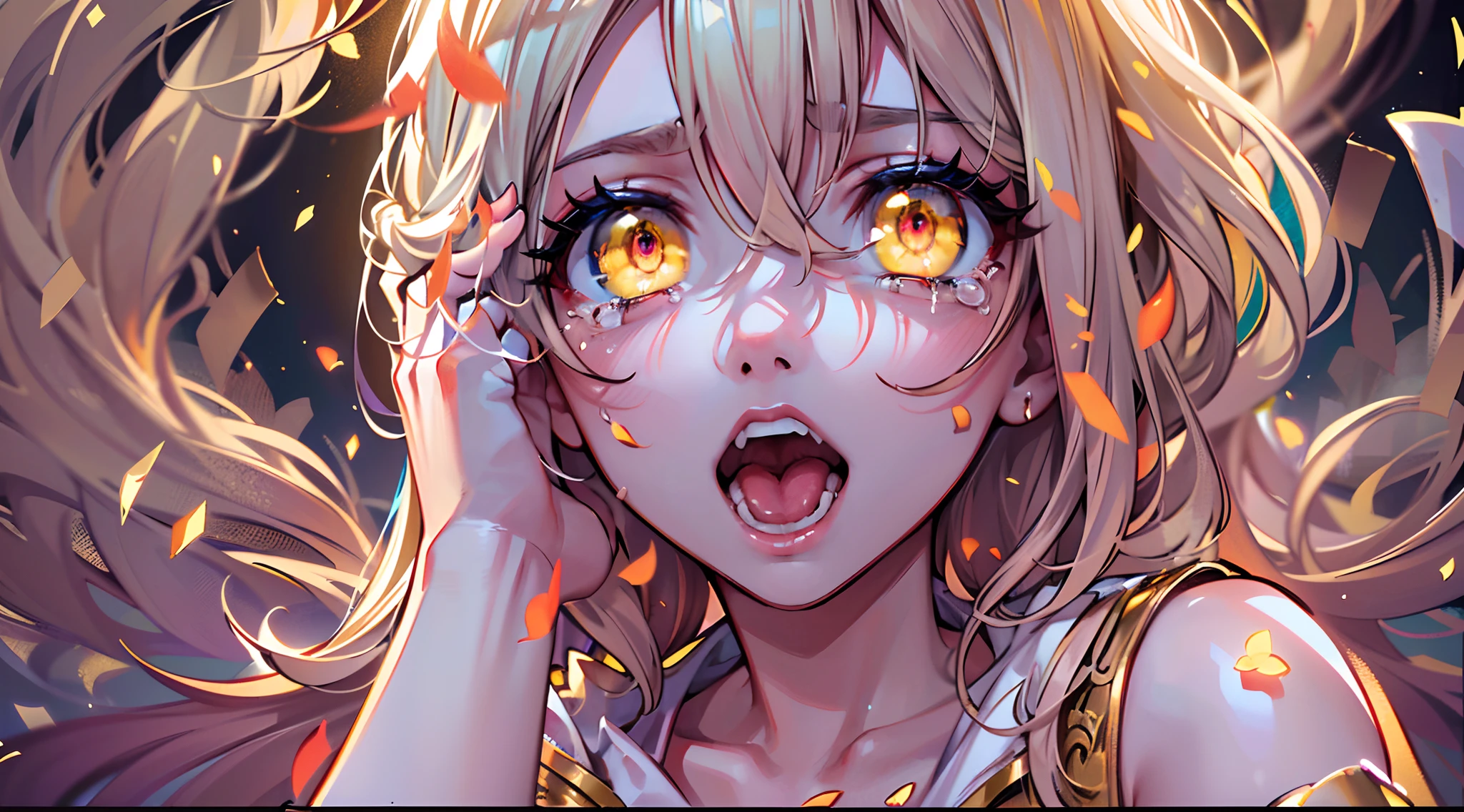 (Masterpiece, top quality, super detailed CG,ultra detailed beautiful face and eyes , super detailed, intricate details:1.2), 8k wallpapers, elaborate features,
(1 person, solo:1.4)perfect cartoon illustration,(1 person, solo:1.4)
(realistic textures:0.8), high res, cute, (vivid colors, dynamic lighting:1.0), (high contrast:0.8),
Young woman in a rage, pretty face violently flushed and trembling with anger, eyes full of tears, dressed in rough clothes (skirt and white blouse), arms straight down and hands clasped tightly, standing up straight, time is night,The place is her bedroom, whole body is in the illustration.