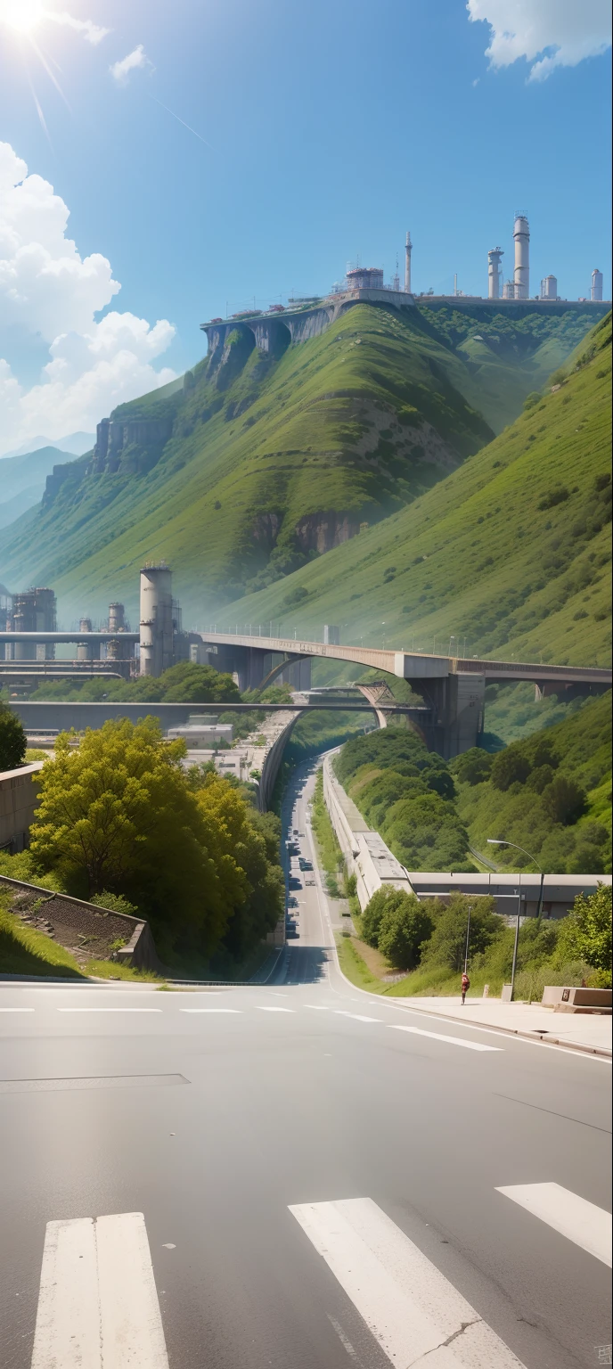 sci-fi cyberpunk city, bridges, deep ravine rift in the middle, terraced streets, reactors, breeder, oil refinery, cars, sunny days, industrial architecture, masterpiece, best quality, high detial, hyper realistic