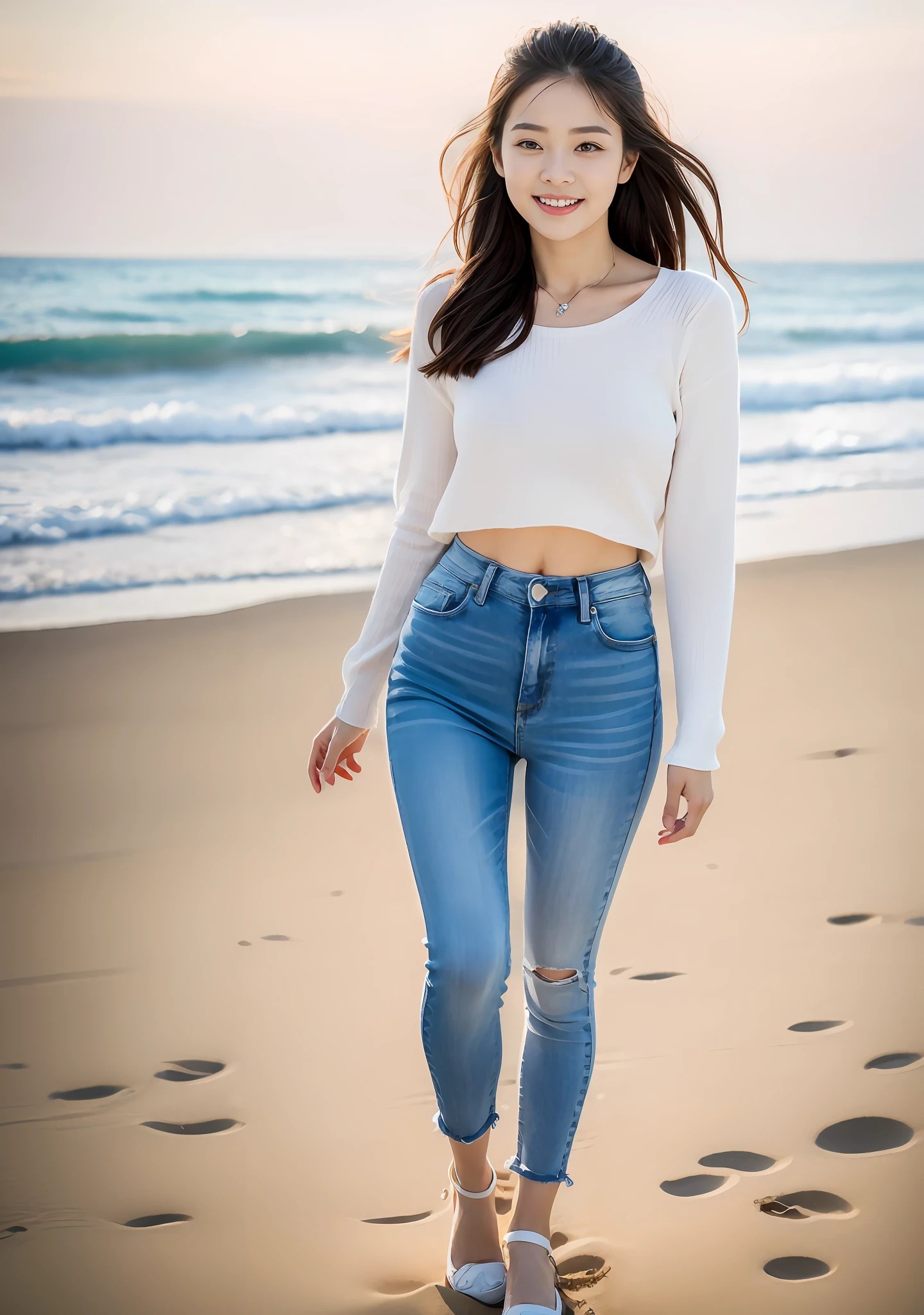 Woman in jeans on the beach,Dancing sexy,Full body shooting:1.8(RAW photogr,超高分辨率,8K,HD,tmasterpiece,best qualtiy),Complicated details, 20 years old Asian woman,Women wear cropped skinny sweaters(Slim fit,Fit snugly to the body)and trendy jeans with open navels,Realistic and detailed costumes,Detailed beach,A sweet smile appeared on the little face,The face is white and tender,skin lightening,Ultra-realistic facial details,Beautiful accessories,Playful and coquettish pose,The calves are straight and slender:1.5,Wear high-end branded travel shoes:1.5,eventide,warm color,Broad lighting,naturalshadow,taking a full body photo:1.8