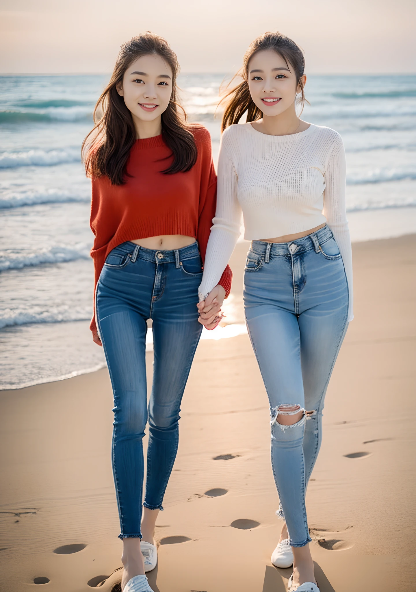 Woman in jeans on the beach,Dancing sexy,Full body shooting:1.8(RAW photogr,超高分辨率,8K,HD,tmasterpiece,best qualtiy),Complicated details, 20 years old Asian woman,Women wear cropped skinny sweaters(Slim fit,Fit snugly to the body)and trendy jeans with open navels,Realistic and detailed costumes,Detailed beach,A sweet smile appeared on the little face,The face is white and tender,skin lightening,Ultra-realistic facial details,Beautiful accessories,Playful and coquettish pose,The calves are straight and slender:1.5,Wear high-end branded travel shoes:1.5,eventide,warm color,Broad lighting,naturalshadow,taking a full body photo:1.8