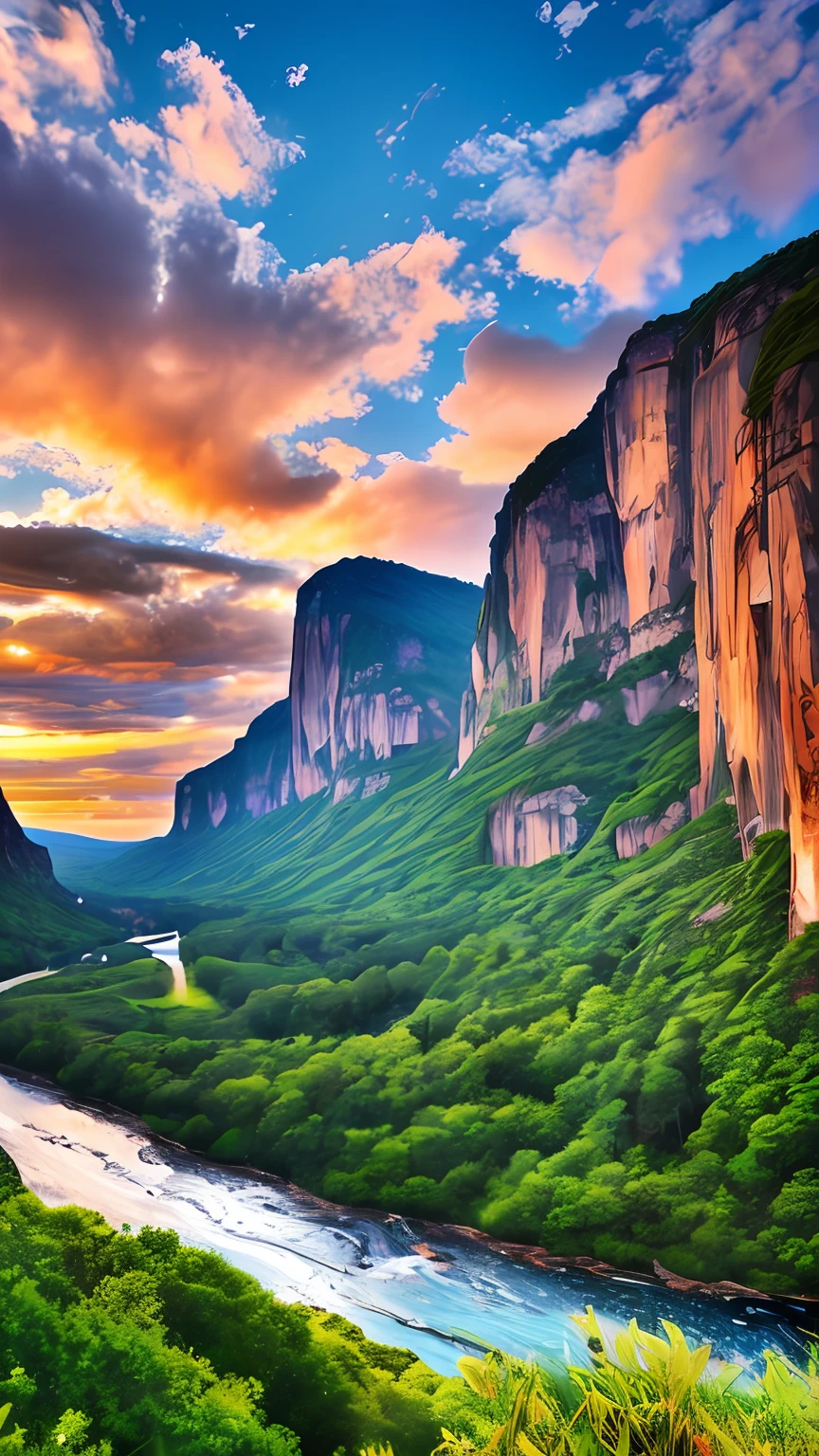Masterpiece, ultimate quality, Cg unity 8k wallpaper, super delicate, beautiful sky and clouds, rich natural scenery, cliffs, lakes and rivers, waterfalls and flying water, beautiful green mountains, no trace of people, excellent scenery, has already won a photo contest, background Blurring, full depth of field, HDR high dynamics, true restoration, intricate, extreme details, dramatic presentation, perfectly presenting the style of midjourney art.