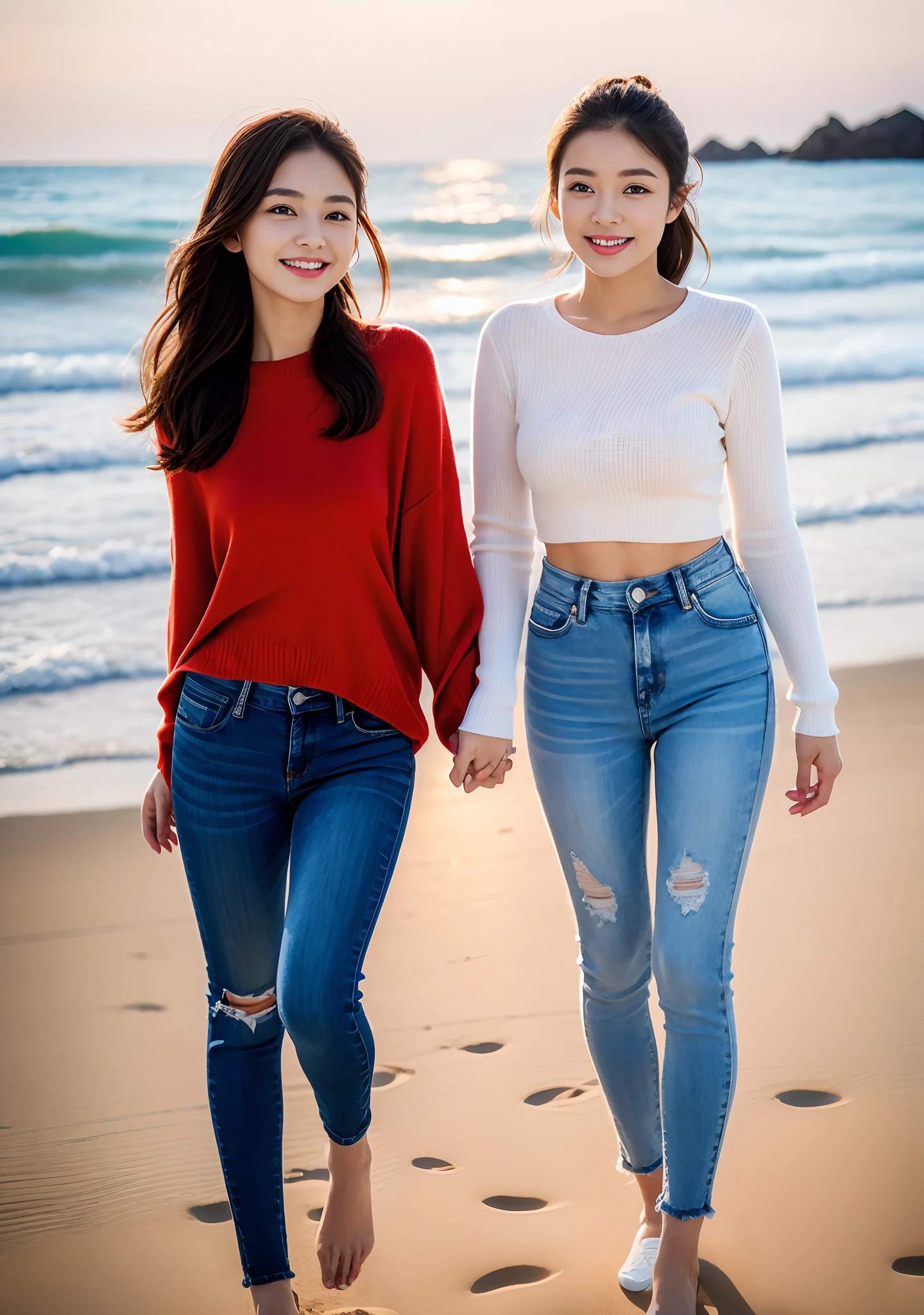 Woman in jeans on the beach,Dancing sexy,Full body shooting:1.8(RAW photogr,超高分辨率,8K,HD,tmasterpiece,best qualtiy),Complicated details, 20 years old Asian woman,Ladies wear cropped tight sweaters(Slim fit,Fit snugly to the body)and trendy jeans with open navels,Realistic and detailed costumes,Detailed beach,A sweet smile appeared on the little face,The face is white and tender,skin lightening,Ultra-realistic facial details,Beautiful accessories,Playful and coquettish pose,The calves are straight and slender:1.5,Wear high-end branded travel shoes:1.5,eventide,warm color,Broad lighting,naturalshadow,taking a full body photo:1.8