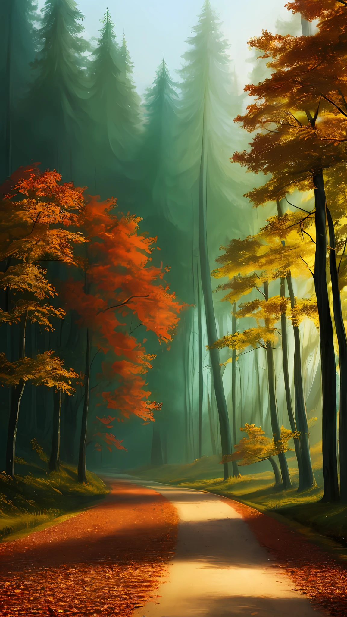 There is a painting in the woods,There are trees on the road, 8 k resolution digital painting, 8k resolution digital painting, 4k hd matte digital painting, Detailed painting 4 K, cinematic forest lighting, Green trees. Matte painting, beautiful digital painting, fantasy forest landscape, 4k highly detailed digital art, autumn forest, fantasy forest landscape at day, wlop and RHADS