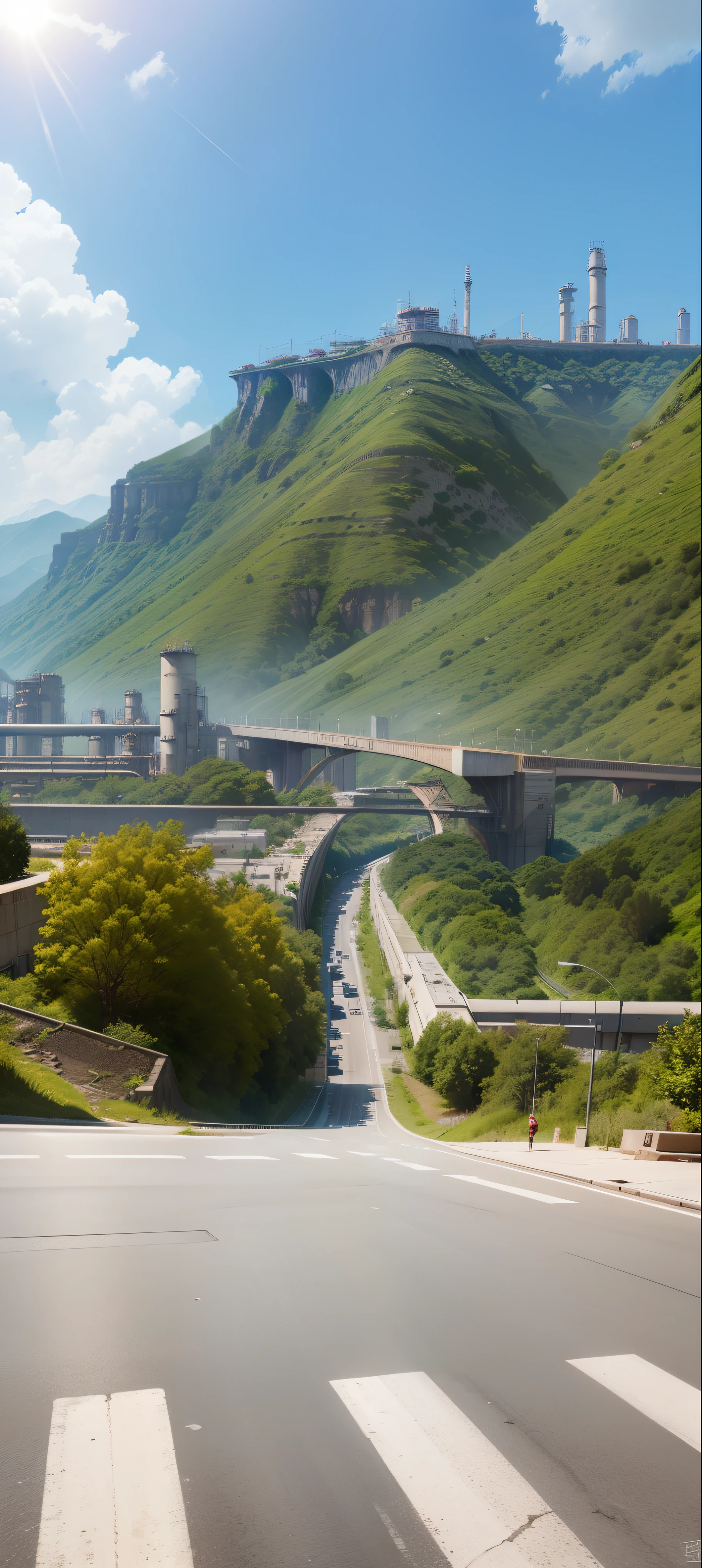 sci-fi cyberpunk city, bridges, deep ravine rift in the middle, terraced streets, reactors, breeder, oil refinery, cars, sunny days, industrial architecture, masterpiece, best quality, high detial, hyper realistic