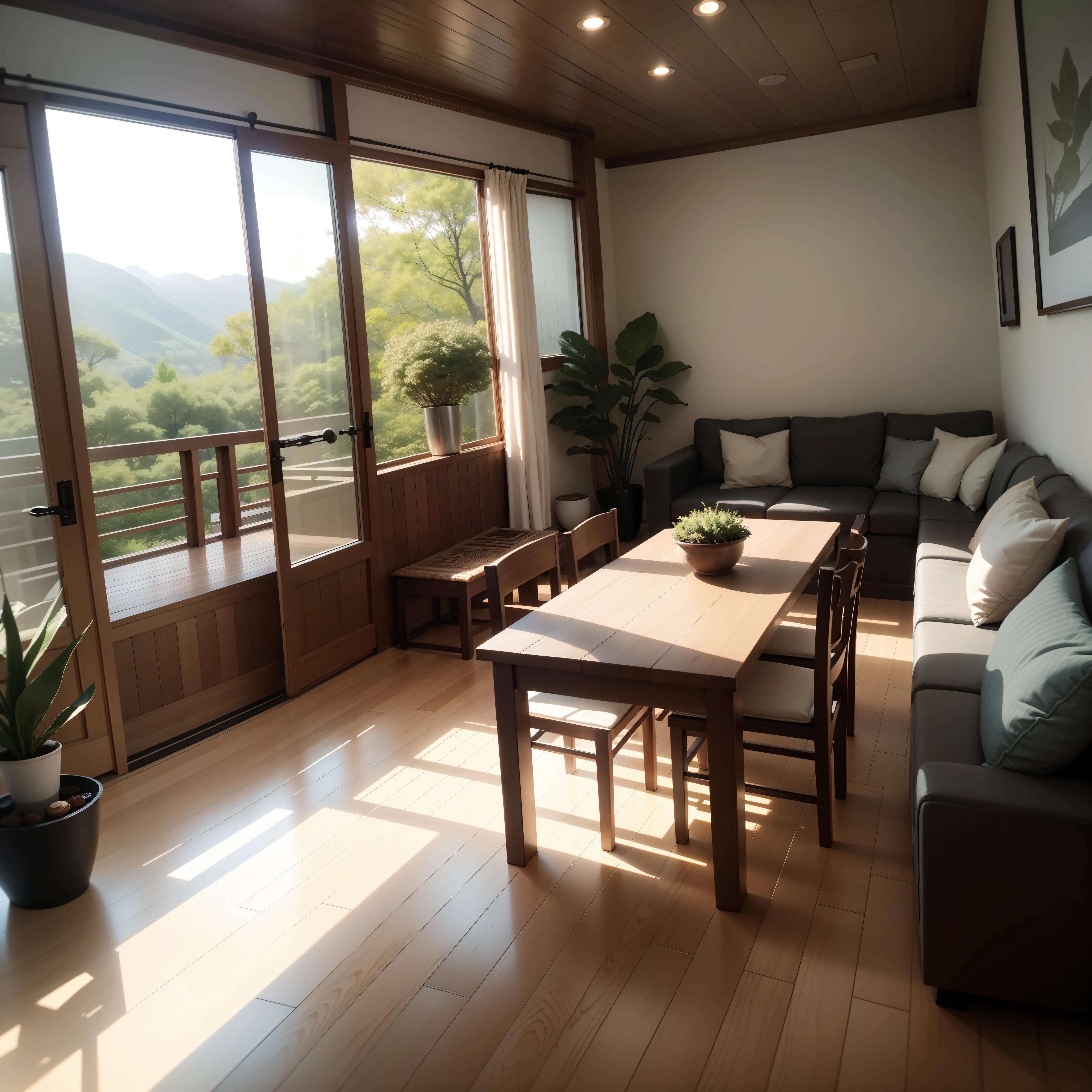 interior design、Insanely detailed wide-angle architectural photo、Cozy contemporary living room、(Bright and warm sunlight 1:0.1)、Award-winning contemporary interior design、landscapes、The table、a chair、in a house、Wooden flooring、window、resturant、east asian east asian architecture、sliding paper doors、abajour、architectural、the woods、naturey、cups、a plant、interior design、Insert lighting and shadows、depth of fields、low illuminance