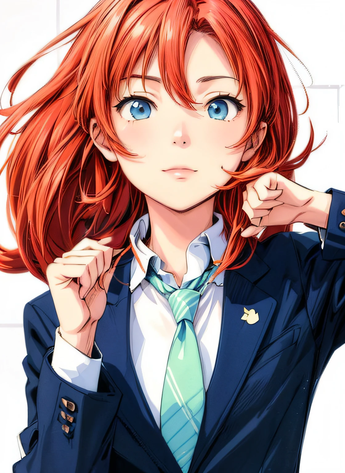 actionpose、Overflowing、cheerfully、（Manga style）、(linear art_Anime)、(black-and-white_strong contrasts)、小柄,Solo_girl, ​masterpiece, top-quality, beautifully drawn, ighly detailed, Aesthetic painting, (Lora Add Details:1.0),hi-school girl、Straight hair、jaket、Business suits、neck tie、Background of the building district