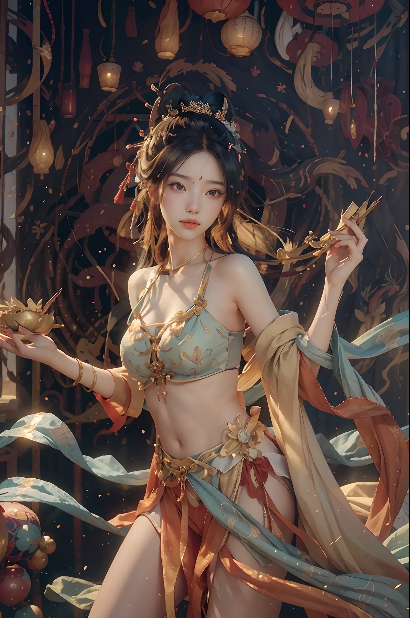 (RAW photo, Best quality), (Realistic, photo-realistic:1.3), Best quality, Highly detailed, Masterpiece, Ultra-detailed, illustration, 1girll, The upper part of the body_Body, Dynamic Angle, world mastery theater, Messy_Long_Hair,Best quality, extremely detailed CG unity 8k壁纸，ink，astounding，电影灯光，lens_flare，dunhuang_Style，scantily clad，4K Ultra Clear，Delicate details，Bright light，Perfect human body，Perfect face，Gorgeous background，huge tit，Crystal sweat beads