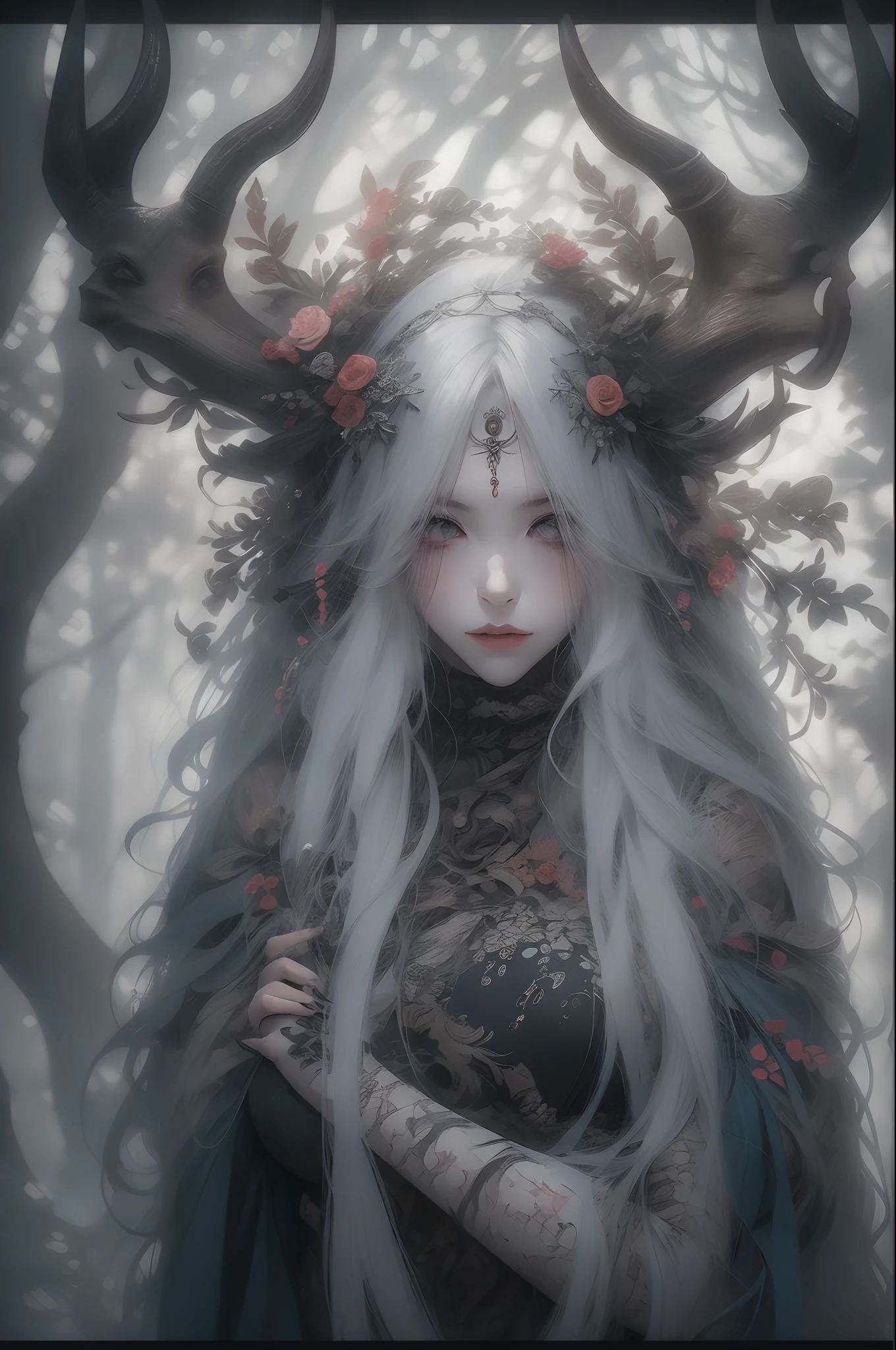 (Masterpiece: 1.2), (Gloomy color scheme), Beauty with long gray hair, Realistic eyes, beatiful face, Beautiful girl with a perfect body, Druid, with large deer antlers on the head, long straight hair, Flowers, entwined with branches, (The body is wrapped in black bandages), 8K high-quality detailed graphics, ((perfect anatomy)), stunning digital illustration, (Body symmetry: 1.2), Upper torso. Gray gloomy background, Dark Forest. Gloomy and hopeless, Dark dramatic lighting, vignette, Depth of field.
