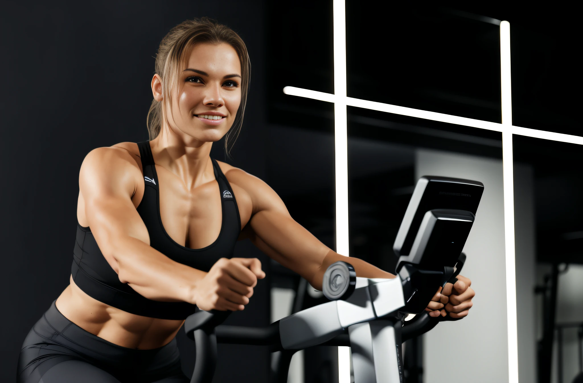 Woman riding a stationary bike in gym, in  the gym, workout, comfortable, fit woman, fit girl, high intensity, Alexandra Valishevska, Close portrait, fit physique, is playing happily, Very sweaty, Features, picture of a female biker, portrait shooting, on a dark background, workout, Lightweight, sport bra and shorts
