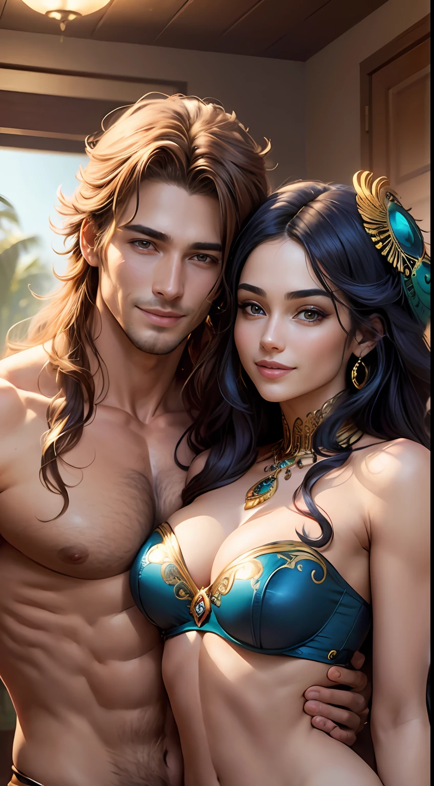 A man and a woman cuddling, youthful and handsome man, robust, flowing, hair, shirtless, ornaments, complete blue skin including face, one peacock feather in hair, smiling, closeup, and a beautiful young woman, wearing a strapless red bra, gold ornaments, smiling