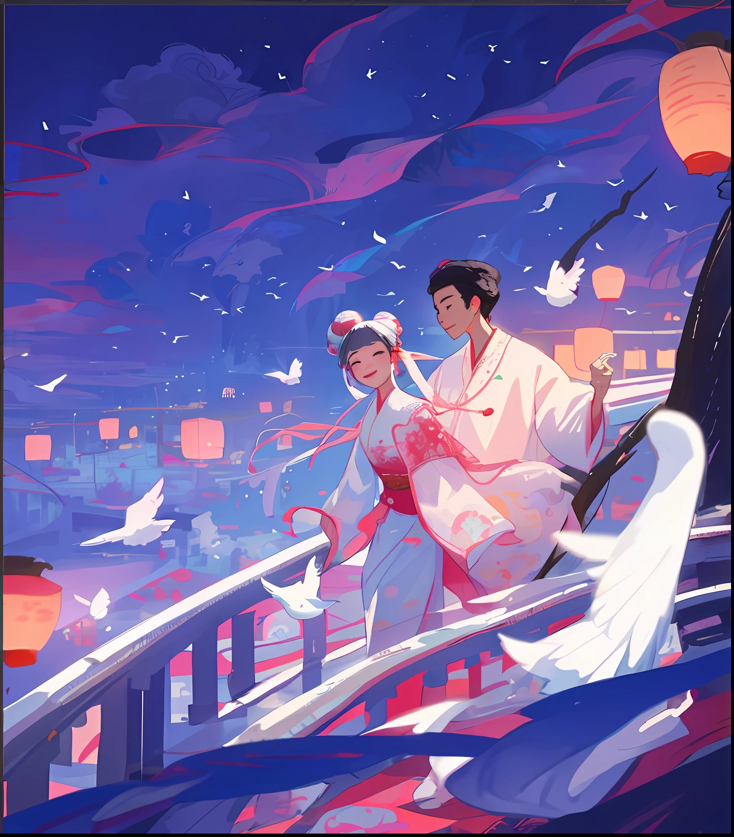A man and a woman holding hands,Walk on the bridge,Surrounded by birds and Chinese lanterns,chinese ancient costume,(hair-bun) official fanart, Inspired by Disney, Beautiful chinoiserie illustration, , boy girl traditional romance,8K,high qulity