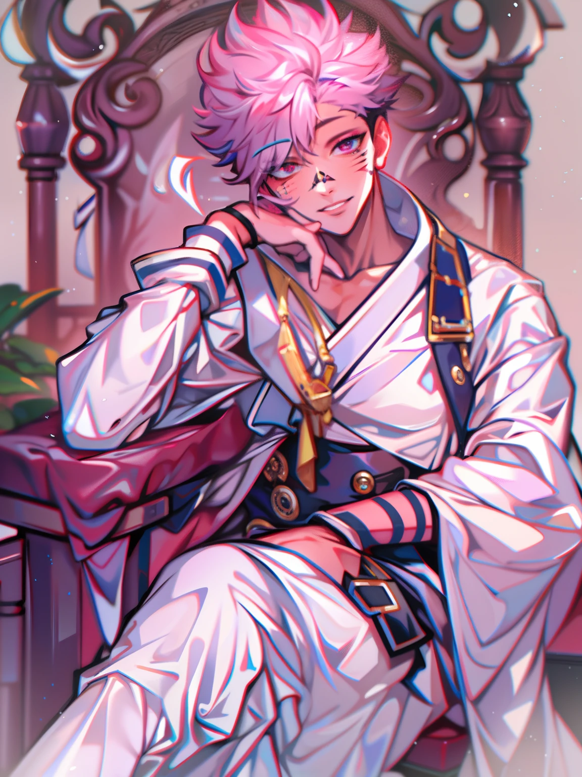 masterpiece, top-quality, ultra-detailliert, Textured, detailedeyes,8K, 1boy, Sukuna, A pink-haired, The tattoo_ryoumen, The tattoo_SUI_his_Face, looking at the viewers, A detailed eye, A detailed face, (masterpiece:1.4),(top-quality:1.4),(shinny skin),Sitting on a throne、Sitting on a chair、disaster々spaces、Strange space、murky、Purple space、Wearing a white kimono、Dark blue muffler at neck..、legs crossed、manly