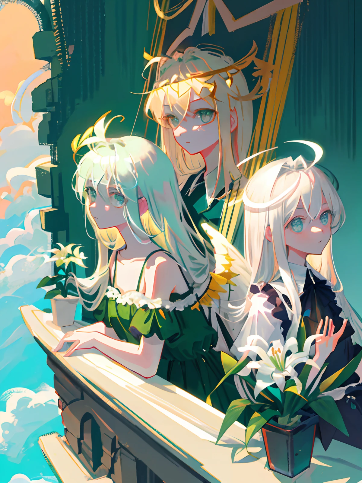 (illustration),Bust,From the side Side,
1girll,Beautiful face,Long hair,Platinum blonde hair,Green eyes,Medium breasts,,dynamic shadowing,view the viewer,camisole,Angel wings,River,
(louka),clound,Lily,