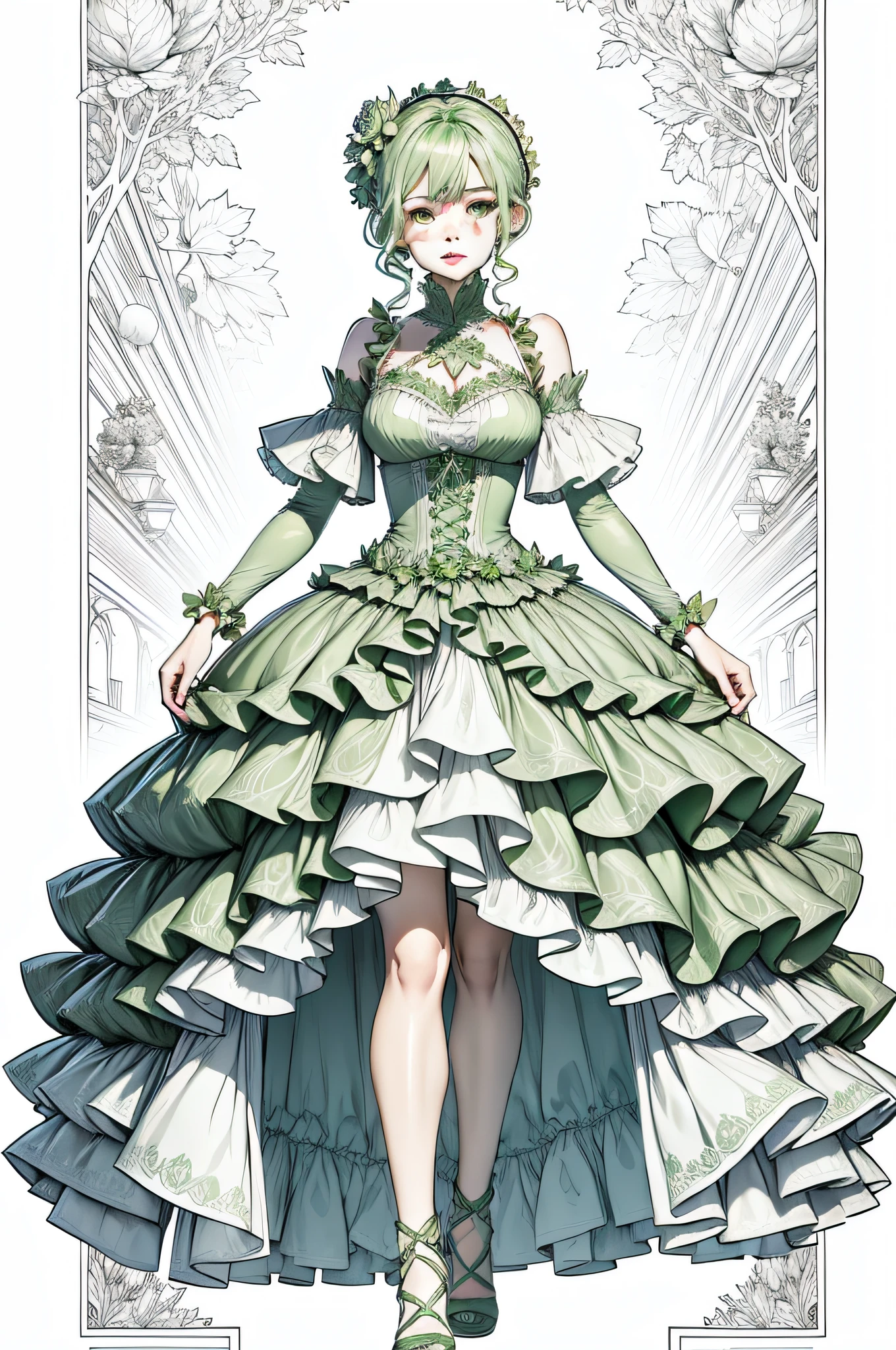 Combine with people with cabbage，Draw a cabbage lady，Dress made of cabbage，Mainly green cabbage or transparent long dresses，Draw pure line drawings in comic book style