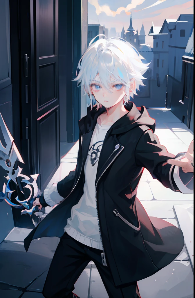 1boy, white hair, silver eye, dynamic pose, keyblade wielder, kingdom heart, wear black coat, darkness aura, door to darkness in background,