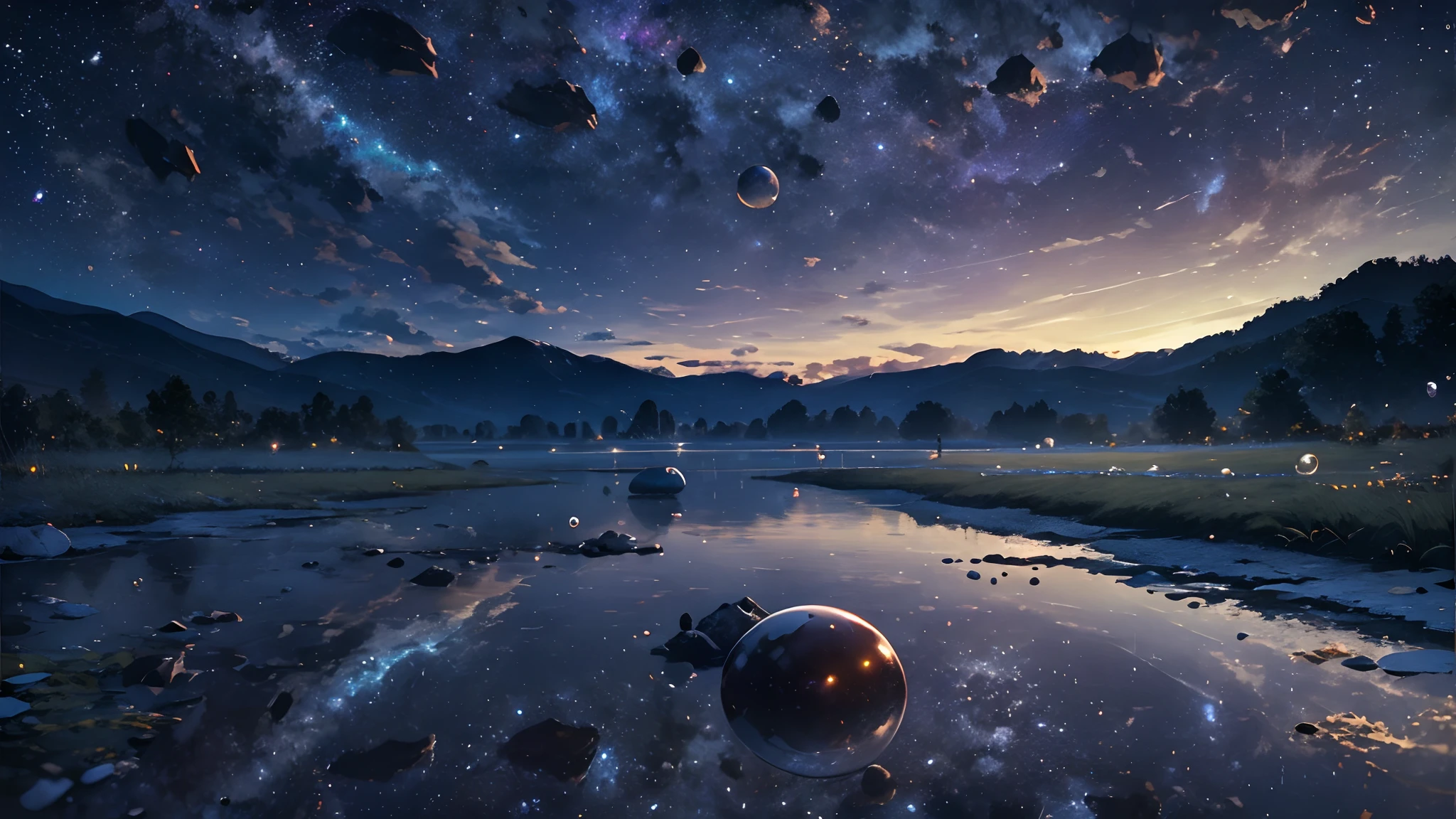 Pictures of starry skies, (Best quality), (masterpiece), (photorealistic), (realistic), ultra-detailed, unity 8k wallpaper, extremely detailed CG, ray tracking, sharp shadows, wonderful details, depth of field, Ultra detailed background, (background oriented, Horizon, reflection), (starry sky twinkling in the fullness of the sky):1.4, Lots of water bubbles floating around. quiet night, midnight, wide shot, shot from the grand, back shot, from below, perfect lighting, panoramic view, dynamic shot, nature spreading out, no civilization in sight, no buildings,
