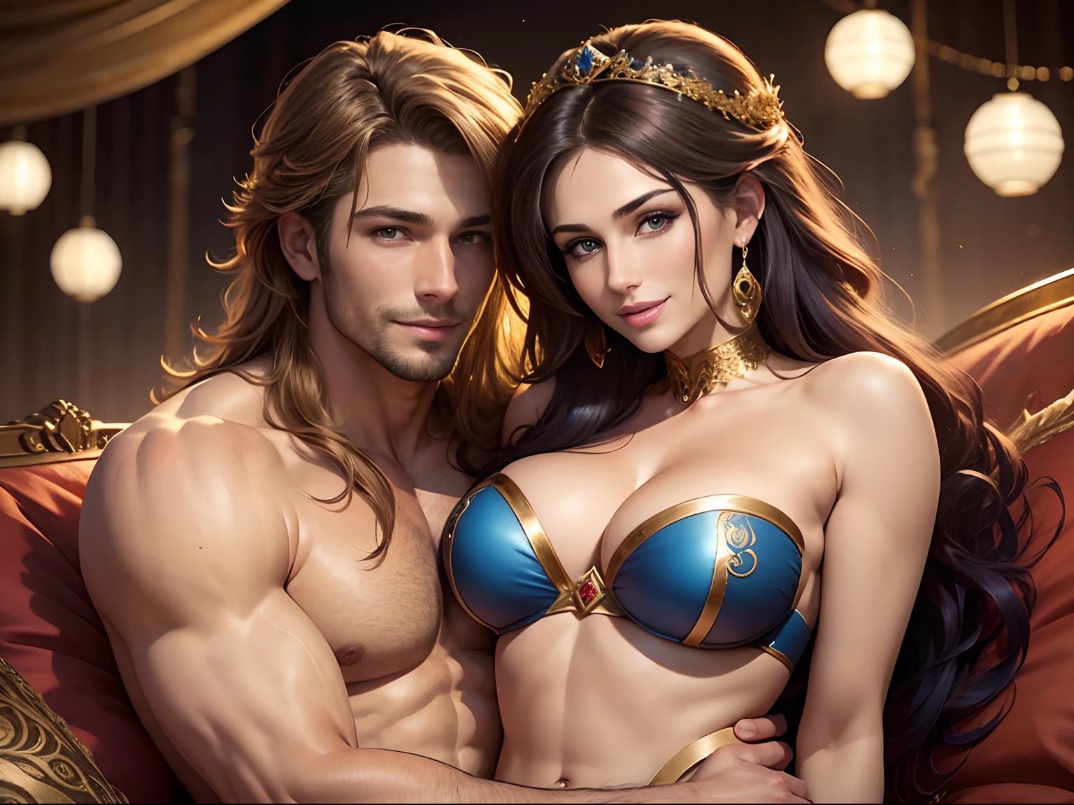A man and a woman cuddling, youthful and handsome man, robust,  flowing, hair, shirtless, ornaments, complete blue skin including face, one peacock feather in hair, smiling, closeup, and lucy pinder as a beautiful young woman, wearing a strapless red bra, gold ornaments, smiling