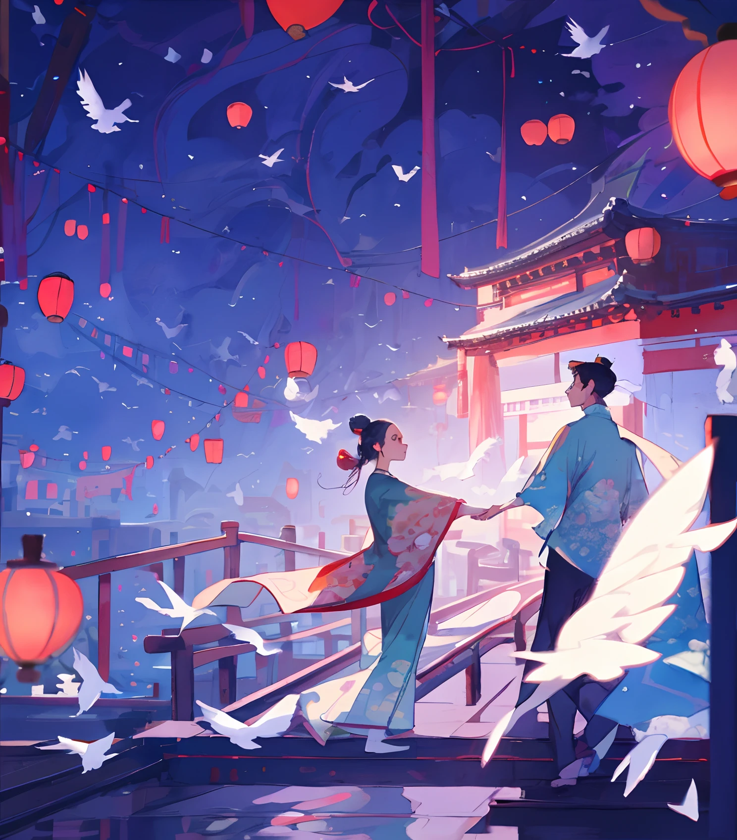 A man and a woman holding hands,Walk on the bridge,Surrounded by birds and Chinese lanterns,chinese ancient costume,(hair-bun) official fanart, Inspired by Disney, Beautiful chinoiserie illustration, , boy girl traditional romance,8K,high qulity