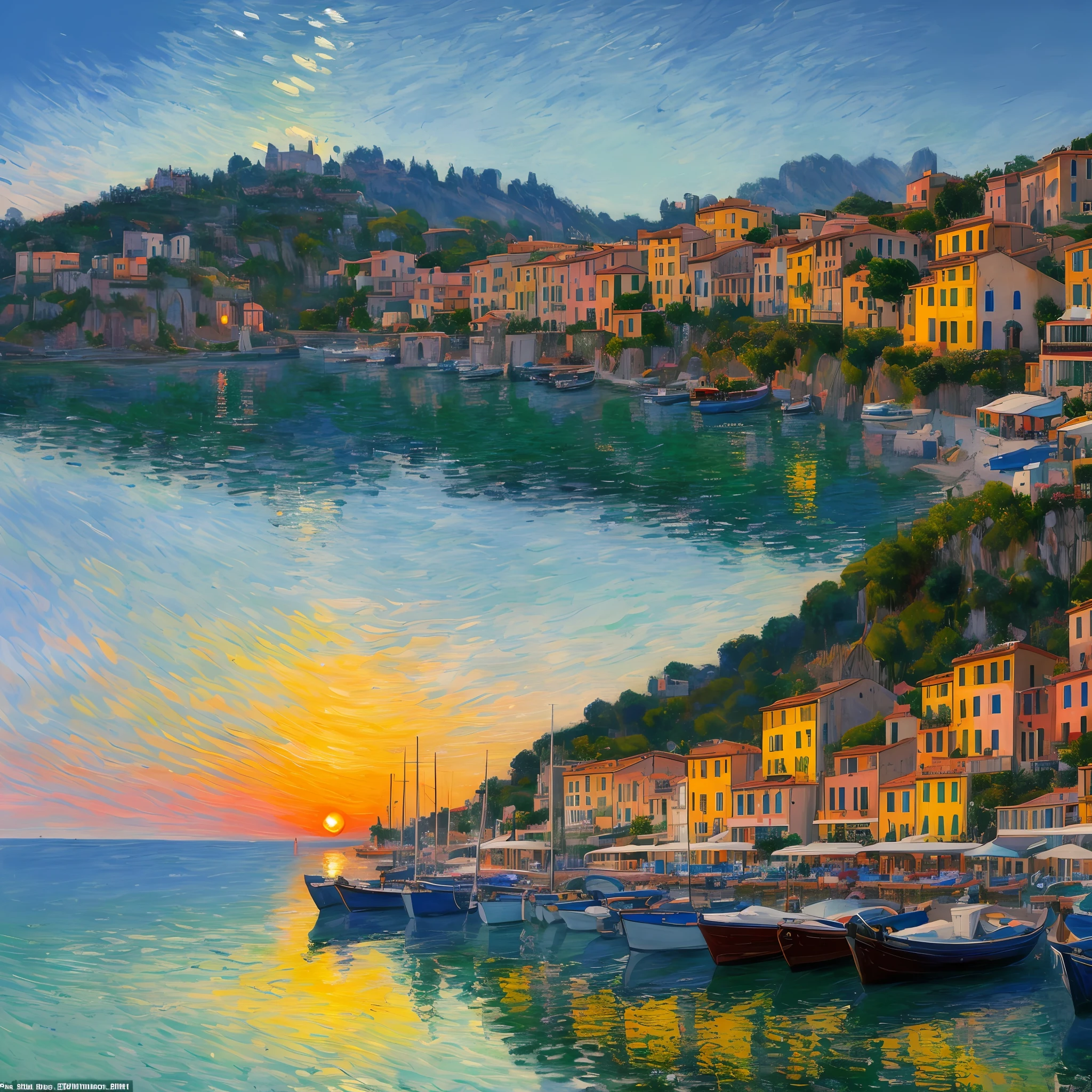 A quaint Italian seaside village with colorful buildings, boats, and the reflection of the setting sun on the water, in the impressionist style of Claude Monet, with visible brush strokes and dappled light.