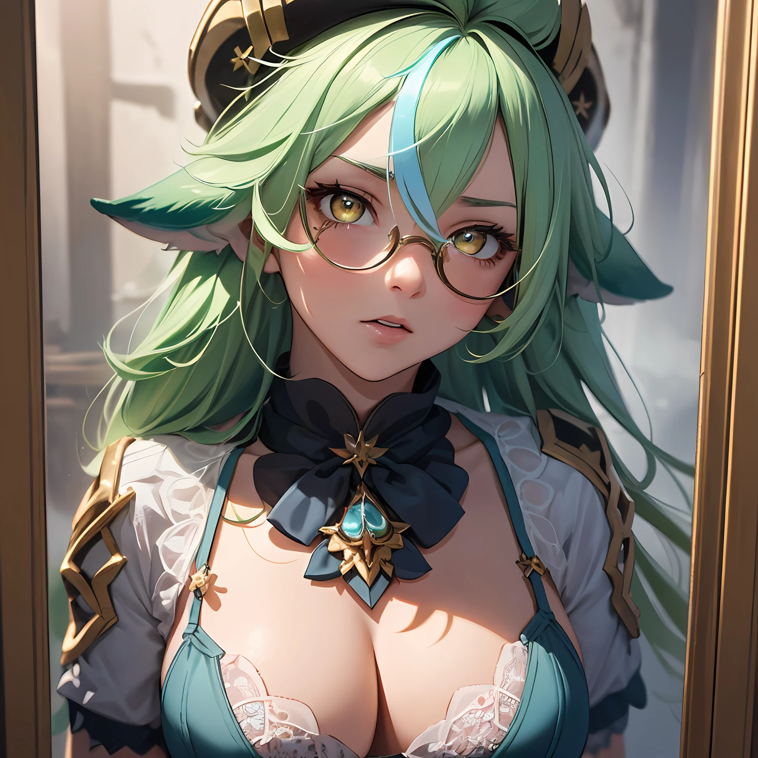 "(Sucrose, cowboy shot, eye details and reflection, masterpiece, best quality, ultra-detailed, illustration, close-up portrait, 1 girl, with extremely detailed face and eyes, colored hair, yellow eyes, strong expression, high resolution, soft lighting) lingerie, lace, transparency"