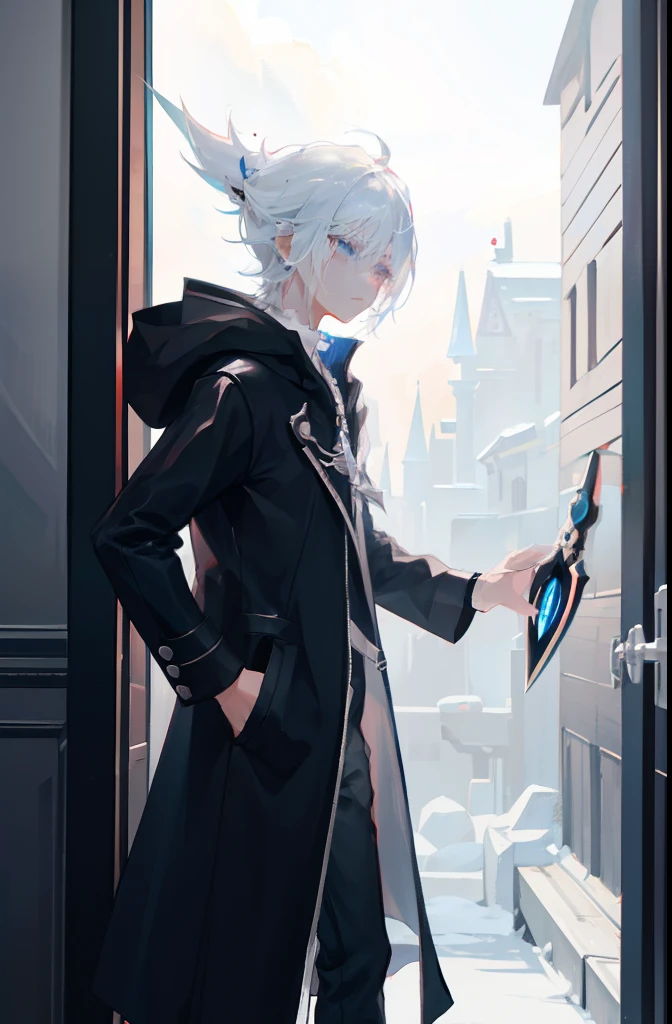 1boy, white hair, silver eye, dynamic pose, keyblade wielder, kingdom heart, wear black coat, darkness aura, door to darkness in background,