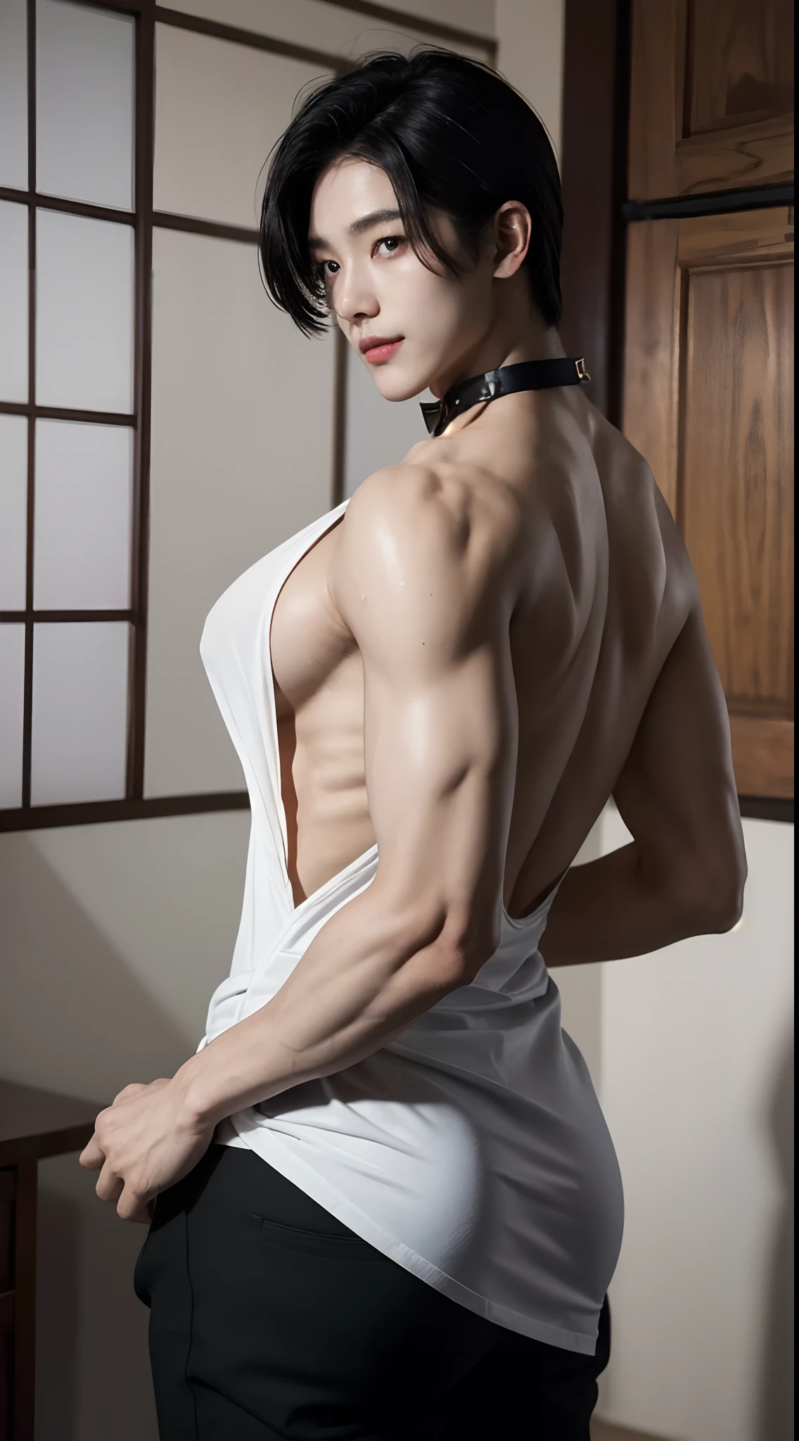 (1 person:1.9), human body shisuit, Hollow and shriveled, beautiful youth boy, undercut hair style, (Look at the camera), (Head up), (high quality 16K anime), (tall body), Sweaty and sweaty, Powder blue vapor, Delicate skin, hermaphrodite, twink male body, (((Quiet smiled))), (Photorealism), masterpiece, best quality, portrait, Decent shirt, (Taiwanese super male
emo idol:1.5), (realistic beautiful Asian), close up and soft up to everything, (nice male body shape:1.1), spot light, (super pale skin:1.4), golden make up, sharp focus, detailed anatomy, ultra-wonderful face detail, (((((19 years old))))), white shirt, Hold a brush, with a ultra-cute face of a Japanese-Korean-Taiwanese young idol, (ultra-detailed eyes), (ultra-detailed skin), (super manly hair style), super wet juicy sexy soft lips, soft light, perfect yaoi face, photorealistic, (correct fingers), the light is very bright, hypermaximalist style: realistic, photorealism, photography, (A black cyber collar that tightens the neck:1.9), (Super strong male arms:1.9), (Extremely stout physique:1.9), (A strong male body is merging with him:1.9), ((((((ultra huge breasts)))))), single ponytail, (Beautiful face:1.9), (((wearing a wet white and yellow shirt))), (extremely detailed face:1.9), Placed in the center of the temple), Traceless, Perspectiveal, Sparkle, (30% male head, 70% female head), (fusioned with a plump erotic body), the light is very bright, perfect hands, fox spirit in the body, fox mind controls this body, fox soul in this body, A seductive smile, Slender eyebrows, huge arms,((Hazy)),(Men pretend to be women), ulzzang hair style, Feminine heavy makeup, huge ohwx ass, 1girl, hyperass,,( butt crack:1.3), clothes pull, highres, looking back, original, pants pull, solo, mature female, lab, (disgust:1.1), black hair