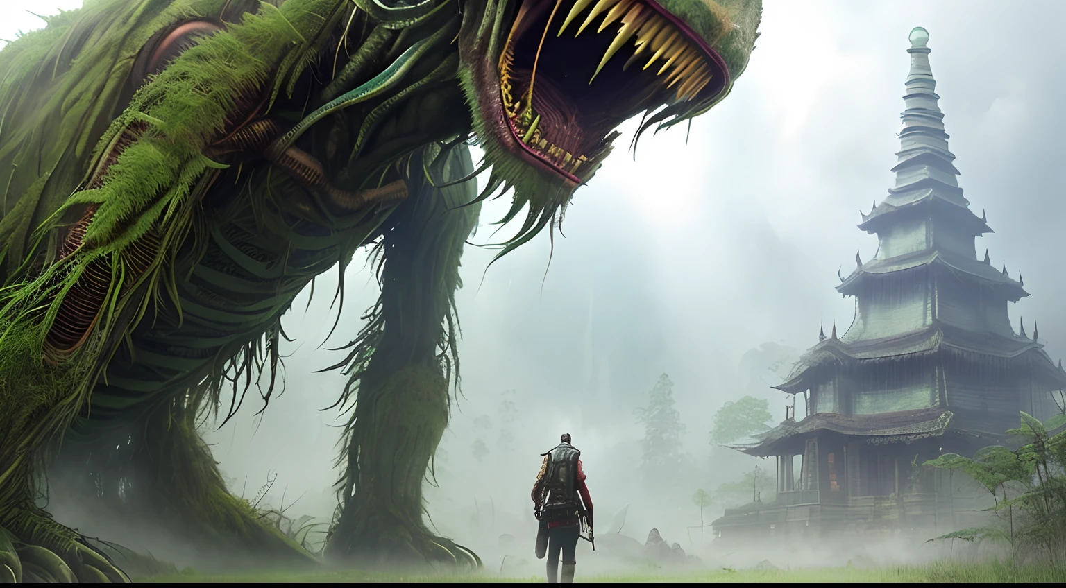 (Extreme close-up) photore (Scared:1.1) (rainforests:0.9), (tall grass:1.2), (A huge dead alien monster:1.2), Silver light reflection,Wet, (Pagodas, 12th century, 1.2),rays of sunshine, insanely details, Cinematic, epic realistic, Intricate details, ultra - detailed, High quality, primitive, author:Jakub Rozalski