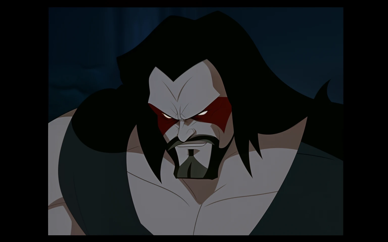 a close up of a cartoon character with a beard and a face, screenshot from mortal kombat (2019), [Shang Tsung], evil villain grin, menacing appearance, ninja scroll anime style, anime ninja scroll, menacing pose, jeffrey jones, tartakovsky
