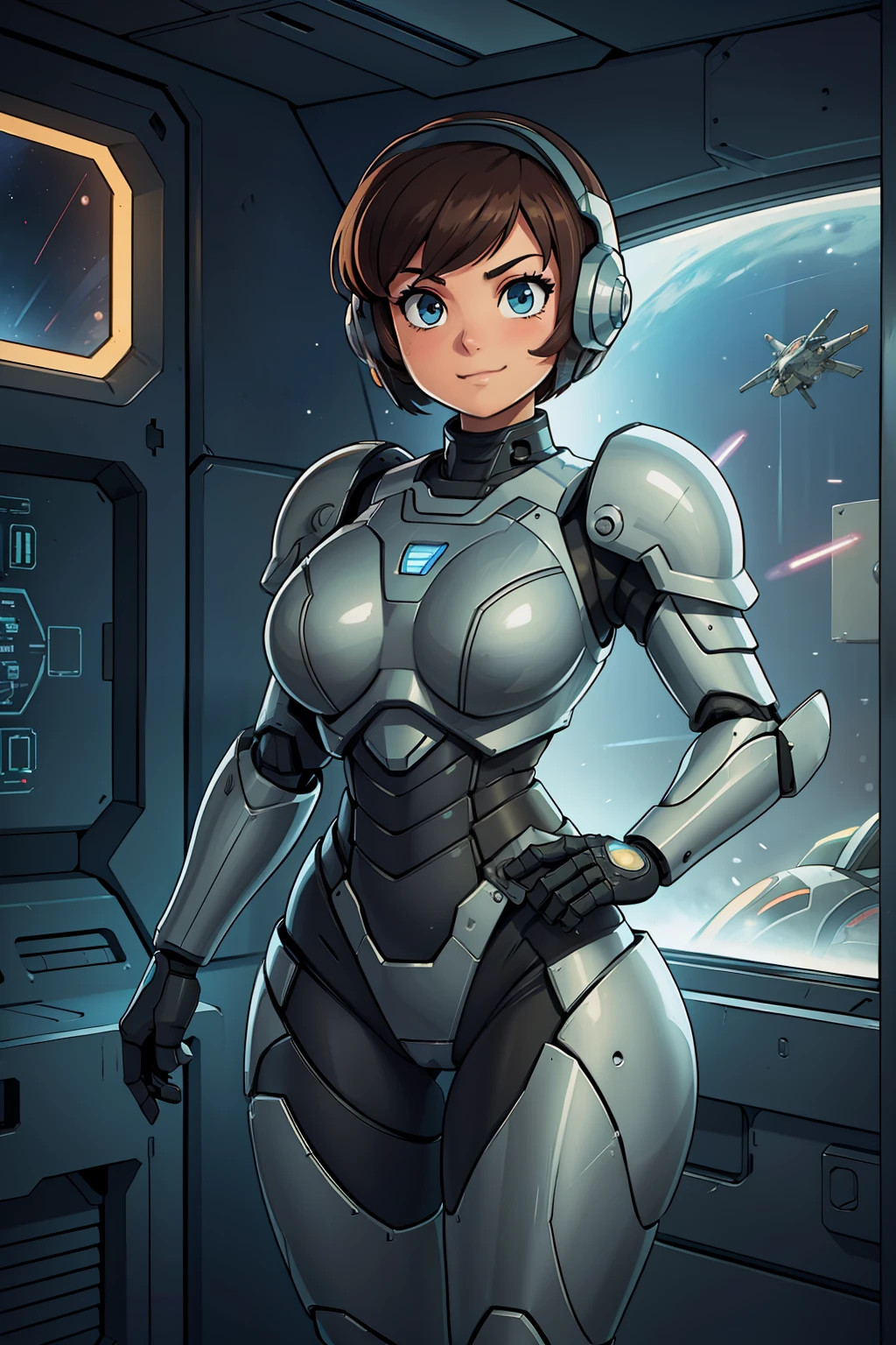 a cartoon picture of a woman in a futuristic suit with a gun, shotgun, two handed gun, firearm, longarm, sexy, professional artwork, detailed eyes, beautiful eyes, beautiful face, flawless face, gorgeous face, smooth features, blush, thick thighs, beautifully detailed background, sci-fi, science fiction, future, neon lights, space ship interior, space ship, space, space visible through window, outer space, mechanical background, power armor, power suit, armored, armor, cyberpunk, cyborg, cyborg woman, cybernetics, cybernetic, robot, robotic arm, robotic leg, smiling, pixie cut, very short hair, black armor, heavy armor, mecha suit, retro armor, bare metal armor, rust, dark armor suit, armor suit, metal breastplate, fully armored, full plate, power armor, fully covered, voluptuous, curvaceous, thicc, chubby, full figured