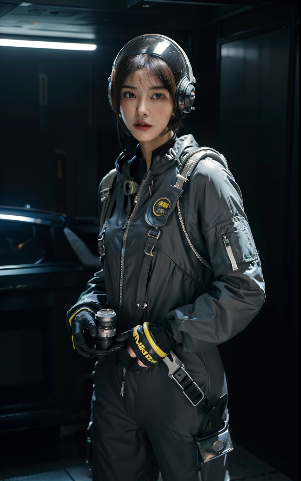 Highest image quality, outstanding details, ultra-high resolution, (realism: 1.4), ((cowboy shot)), the best illustration, favor details, highly condensed 1girl, (cyberpunk, cyborg), a delicate and beautiful face, (short hair), (wearing baggy spacesuit with ring-helmet-disconnecter, attached black and gray mecha, yellow pipes and codes, flanges on spacesuit), (cyberpunk gasmask), (mark radioactivity-hazard-symbol), ((revealed only head)), ((sorrow)), nobody rocket-launcher platform
