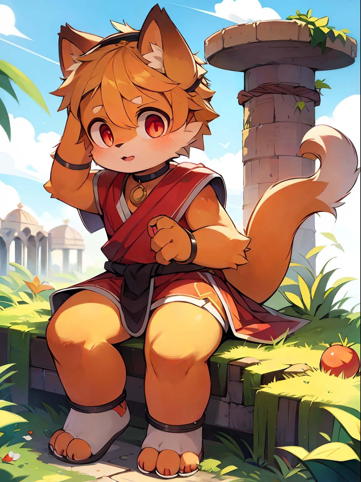 a boy sitting on a throne,Behind the fence are wheat fields, Cute and detailed digital art, Very very beautiful furry art, Detailed fanart, high-quality wallpaper, Wearing aristocratic clothes, furry fantasy art, Popular topics on artstation pixiv, High-quality fanart, Human fox, cute fox(toddlers,boy face,Libido boy,male people,Sit Pose,Topless,seminude),by Pino Deheni, Kanikai, Milk Tiger 1145, Dagasi, ys,