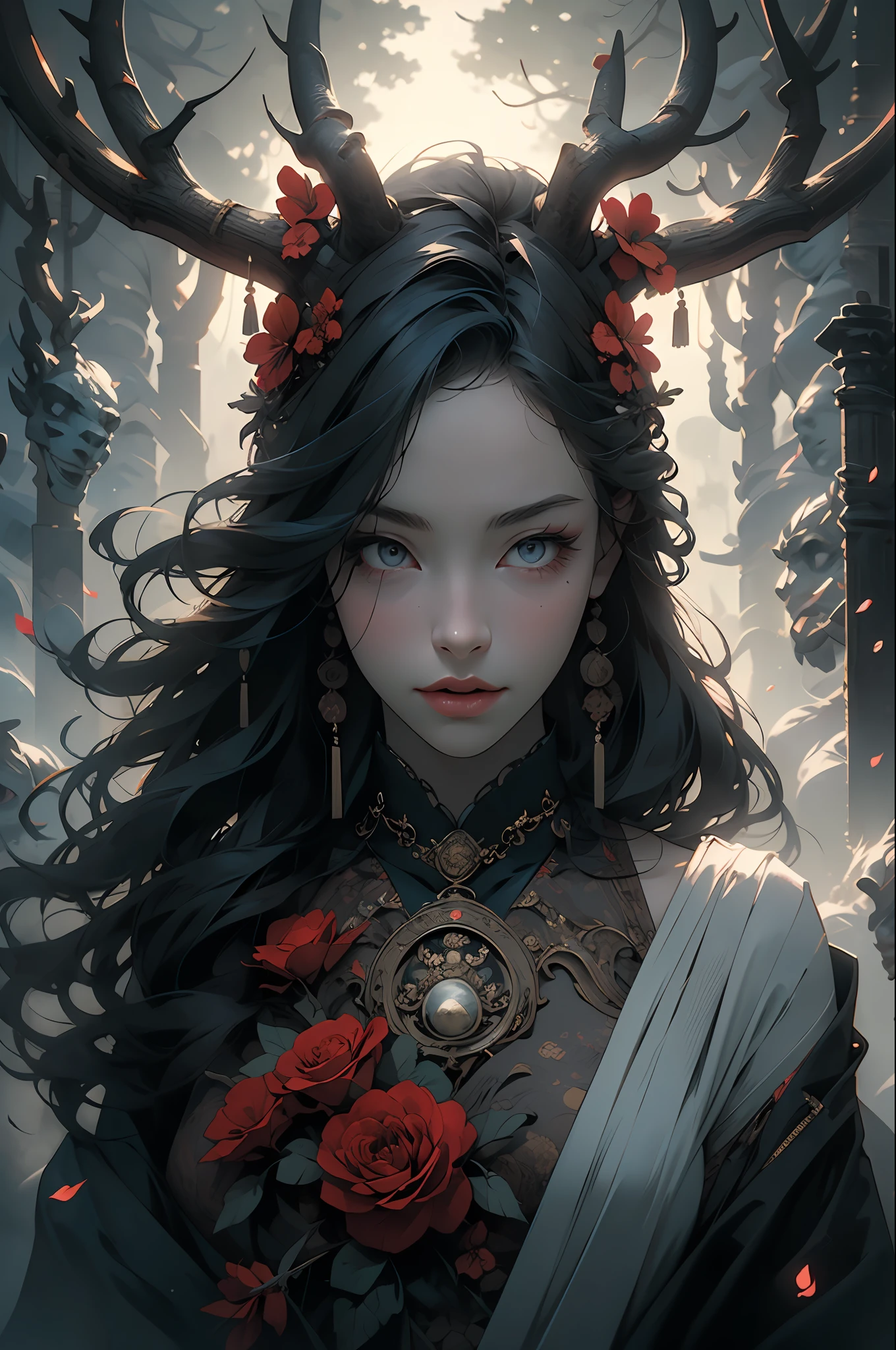 (Masterpiece: 1.2), (Gloomy color scheme), Beauty with long gray hair, Realistic eyes, beatiful face, Beautiful girl with a perfect body, Druid, with large deer antlers on the head, long straight hair, flowers entwined with branches, (The body is wrapped in black bandages), 8K high-quality detailed graphics, ((perfect anatomy)), stunning digital illustration, (Body symmetry: 1.2), Upper torso. Gray gloomy background, Dark Forest. Gloomy and hopeless, Dark dramatic lighting, vignette, Depth of field.