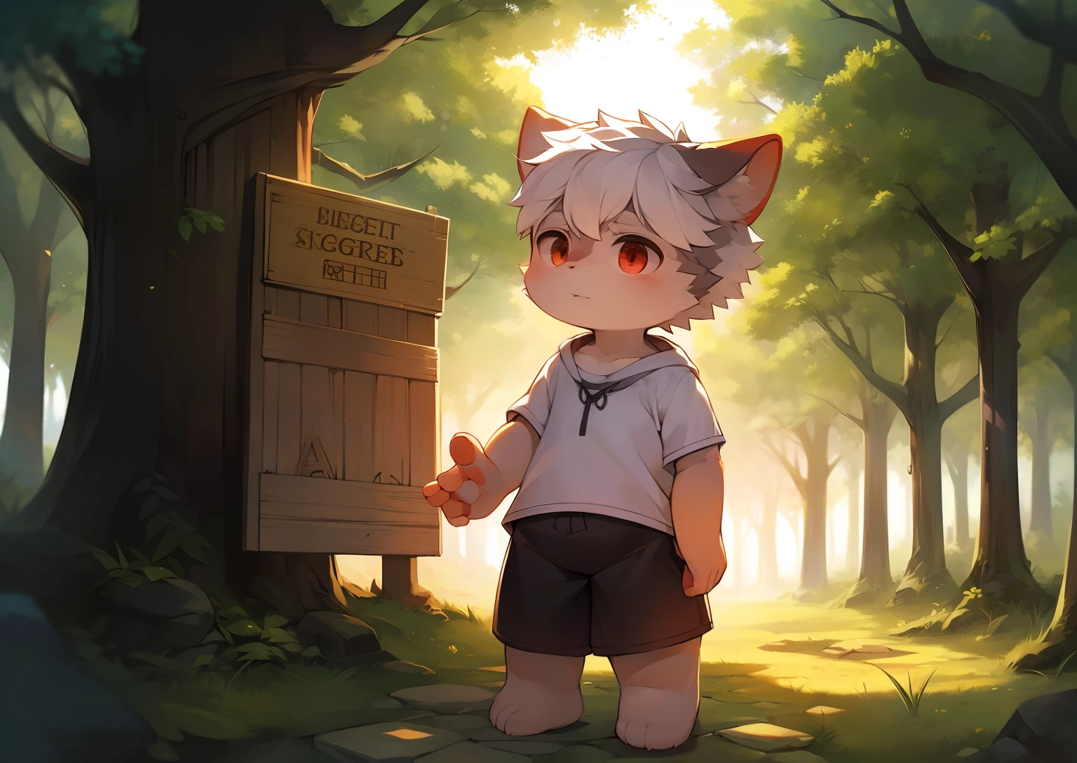 Libido boy，furry wolf，((Shota)), Black and white hair, Very good figure, Handsome，adolable, Light：Extreme light and shadow, Reflective skin,Reddish skin，((worn-out clothing，Commoner)) ，((Deep in the forest，Stone path，Signs，独奏，solo person))，Outdoor sunset，((the detail))，（depth of fields），standing on your feet