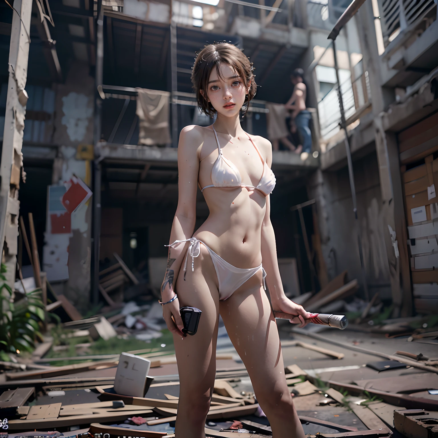 Gang rape at abandoned construction sites,Sexy standing pose,(Full body portrait 1:1),Random white transparent small bikini,Slender and slender figure,Skinny,As thin as a whipping post,Smaller bust,The barefoot,(Random nudity all over the body),exhibitionists,(Random exposure of genitals),face to the viewer,Resident Evil