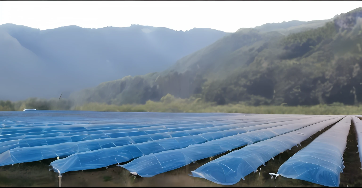 With mountains as a backdrop，Awning in the field, The sun is shining, and the sun was shining brightly, Solar Field Plain, covered solar system, fully covered, Ancient sword, guangjian, mega, flat, Silk tarp hanging, Award-winning shadows, Blue, “organic, Transparent veil, high quality”, high quality”, big long cloth on the wind