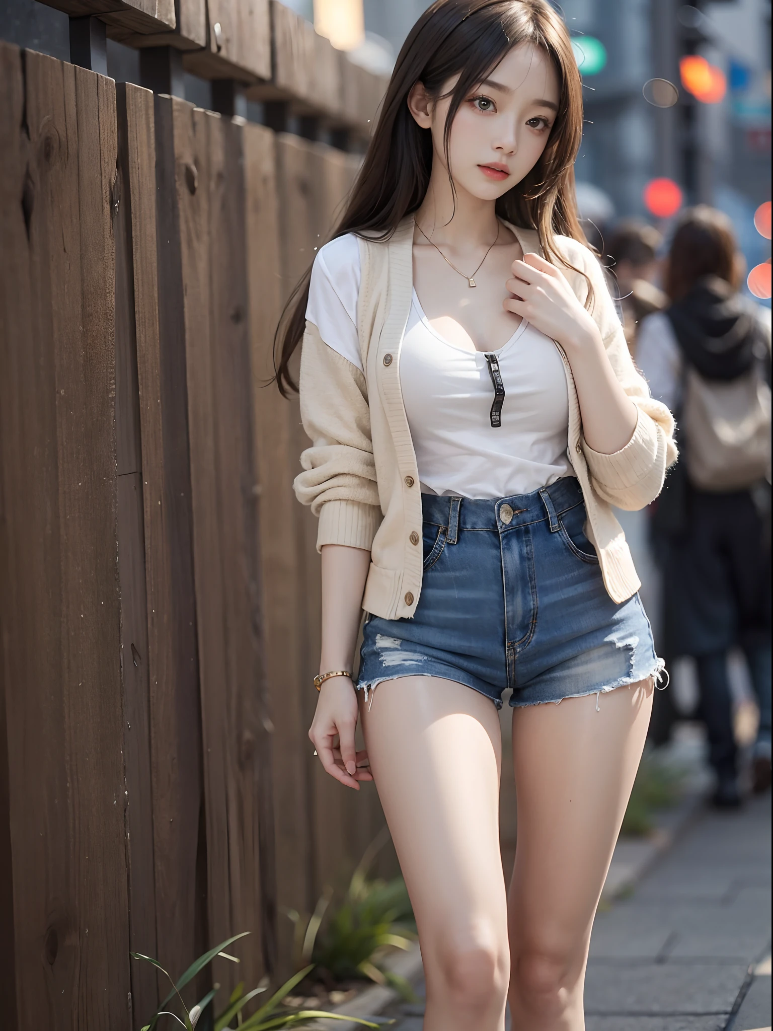 8K,best qualtiy,tmasterpiece,超高分辨率,(真实感:1.4),RAW photogr,the night,Warm light,(True skin texture:1.3),(filmgrain:1.3),Cardigan jacket,(vests),1个Giant Breast Girl,Beautiful eye and face details,tmasterpiece,Best quality at best,Slender and long legs,Casual shorts,(full bodyesbian)