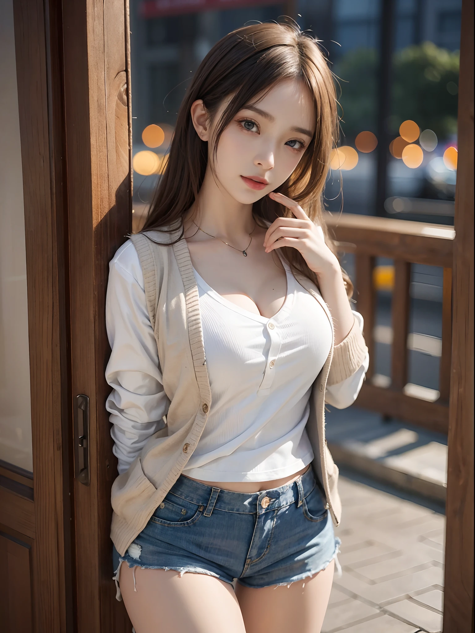 8K，best qualtiy，tmasterpiece，超高分辨率，（真实感：1.4），RAW photogr，the night，Warm light，（True skin texture：1.3），（filmgrain：1.3），Cardigan jacket，（vests），1个Giant Breast Girl，Beautiful eye and face details，tmasterpiece，Best quality at best，Slender and long legs，Casual shorts，（full bodyesbian）